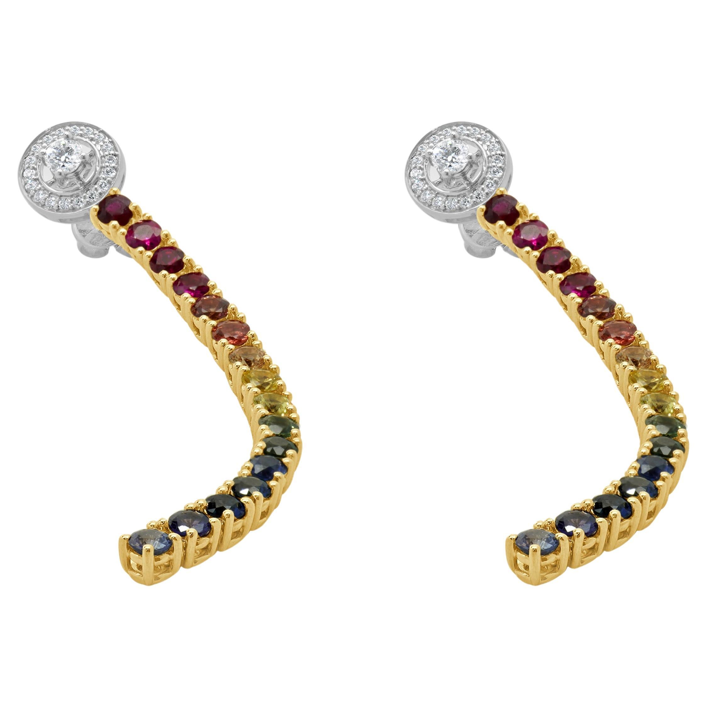 18 Karat White & Yellow Gold Diamond and Rainbow Sapphire Inline Drop Earrings For Sale