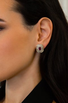 18 Karat White Yellow Gold Diamond Ruby Stud Earrings