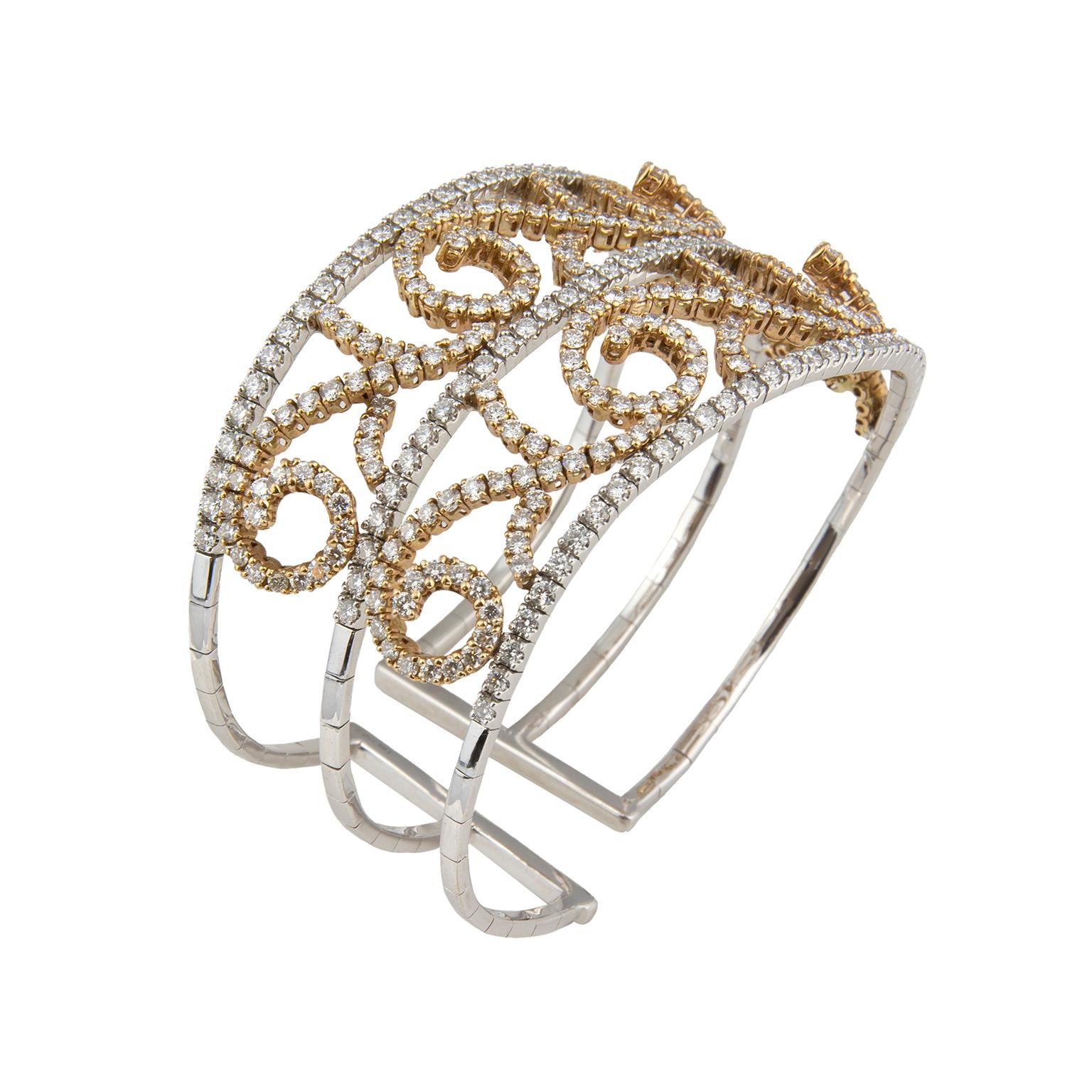Women's 18 Karat White Yellow Gold Diamonds Cuff Bracelet For Sale