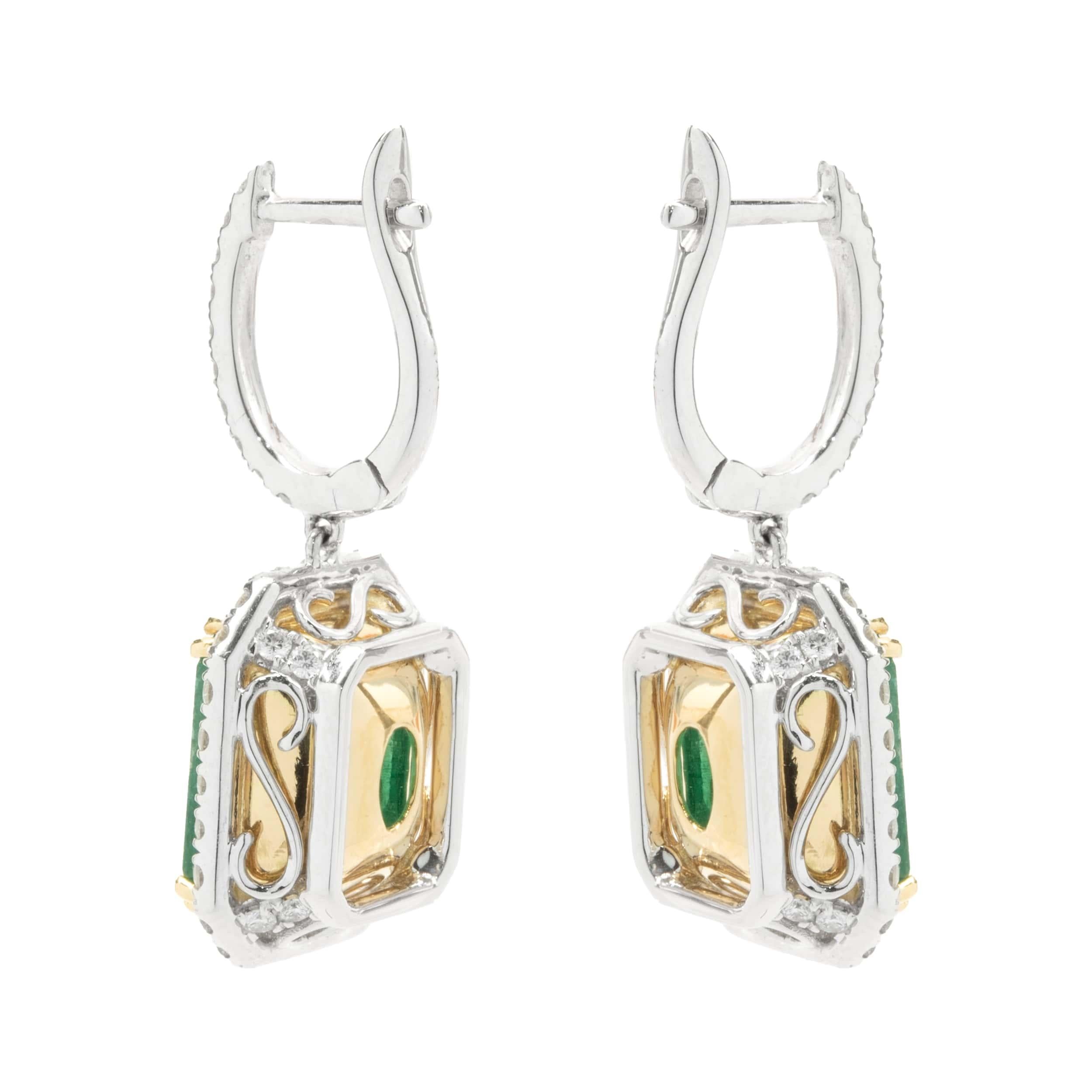 Designer: custom
Material: 18K white & yellow gold
Emerald: 2 emerald cut = 10.99cttw
Color: Kelly Green
Clarity: AA
Diamond: 88 round brilliant cut = 1.10cttw
Color: G
Clarity: VS2
Dimensions: earrings measure 15mm
Weight: 11.00 grams