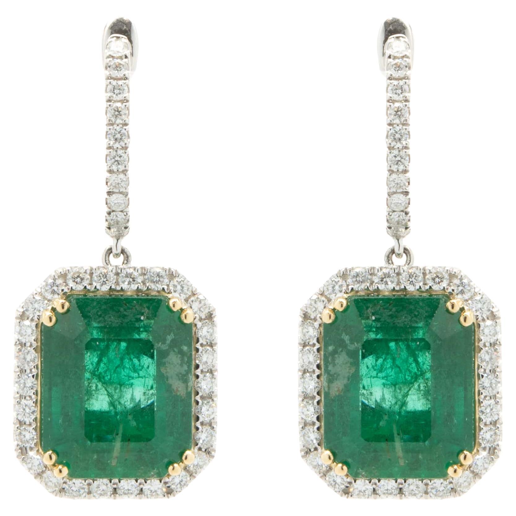 18 Karat White & Yellow Gold Emerald and Diamond Drop Earrings For Sale