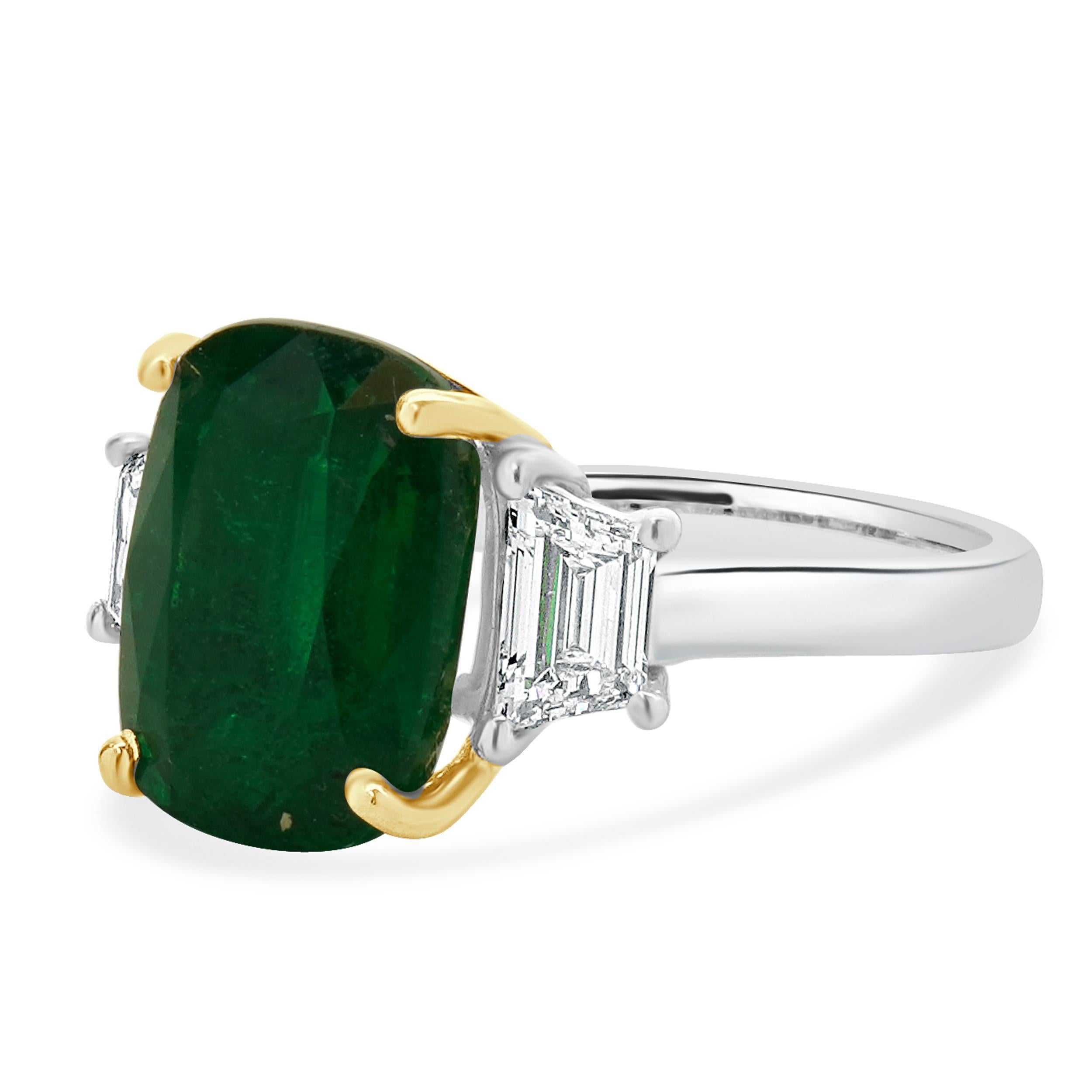 Material: 18K white & yellow gold
Emerald: 1 elongated cushion = 5.42ct
Diamond: 2 emerald cut = 0.83cttw
Color: H
Clarity: SI1
Ring Size: 6.5 (please allow up to 2 additional business days for sizing requests)
Weight: 5.60 grams
