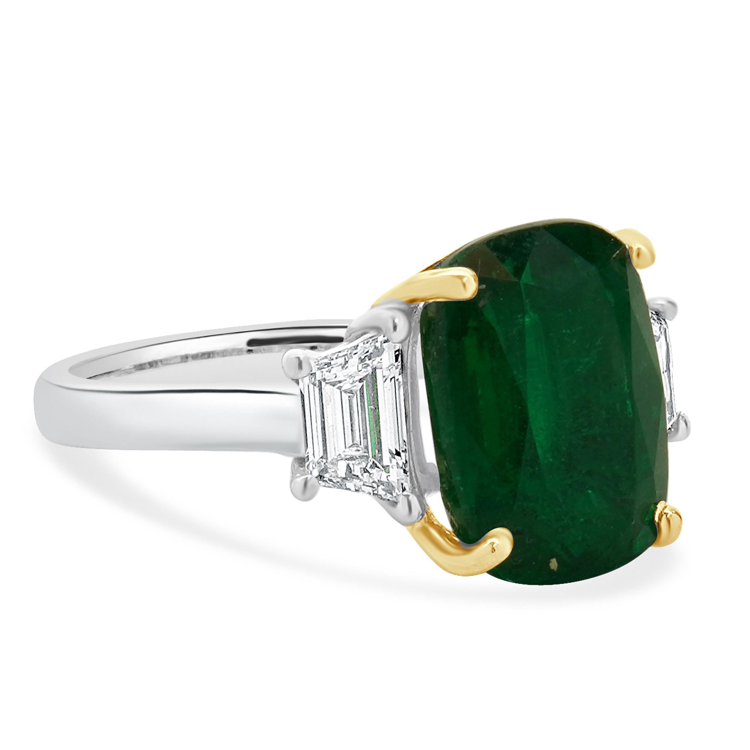 Cushion Cut 18 Karat White & Yellow Gold Emerald and Diamond Three Stone Ring For Sale