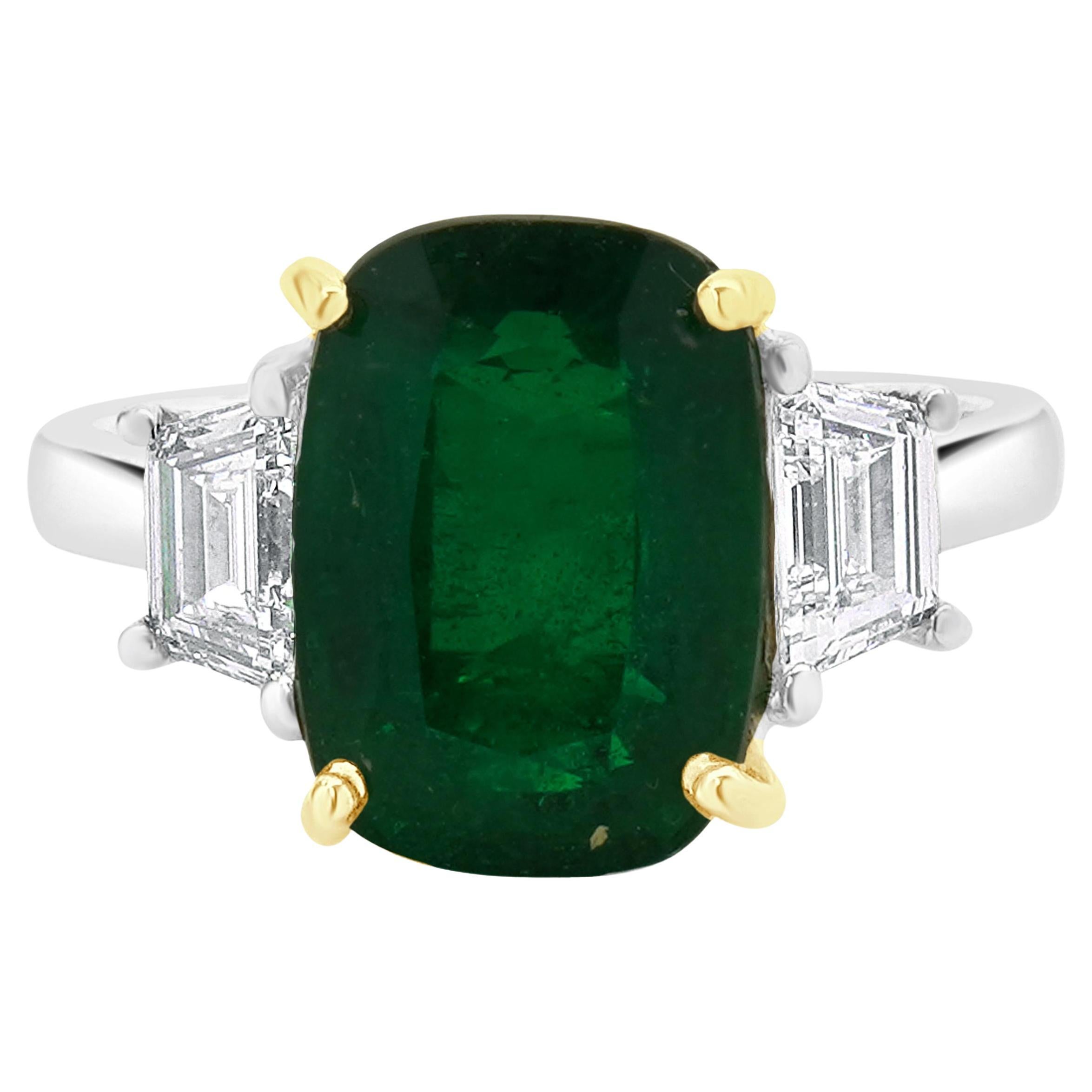 18 Karat White & Yellow Gold Emerald and Diamond Three Stone Ring