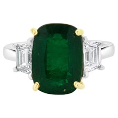 18 Karat White & Yellow Gold Emerald and Diamond Three Stone Ring