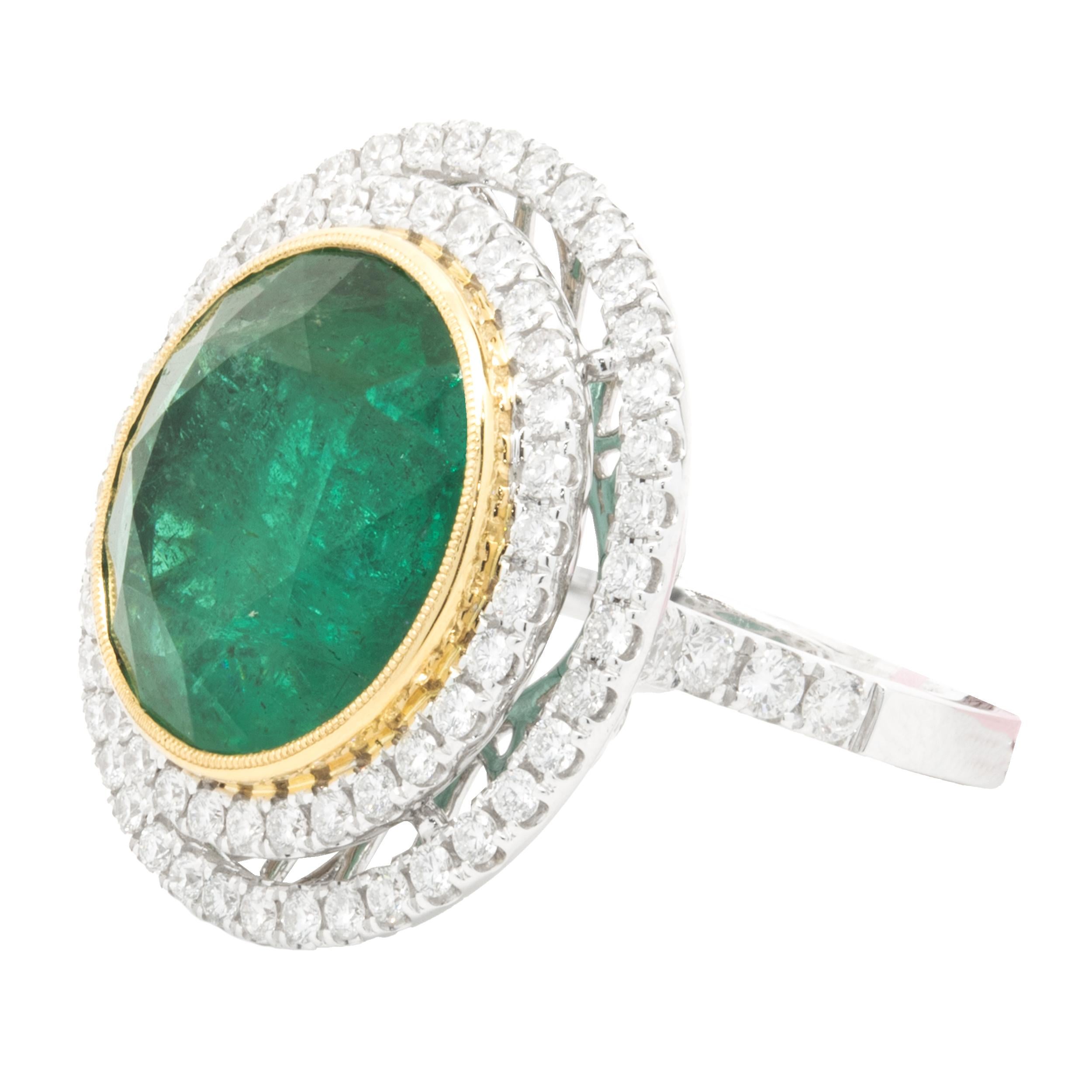 Designer: custom
Material: 18K white & yellow gold
Diamond: 82 round brilliant cut = 1.53cttw
Color: G
Clarity: VS1-2
Emerald: 1 round cut = 14.36ct
Ring Size: 6 (complimentary sizing available)
Weight: 15.99 grams