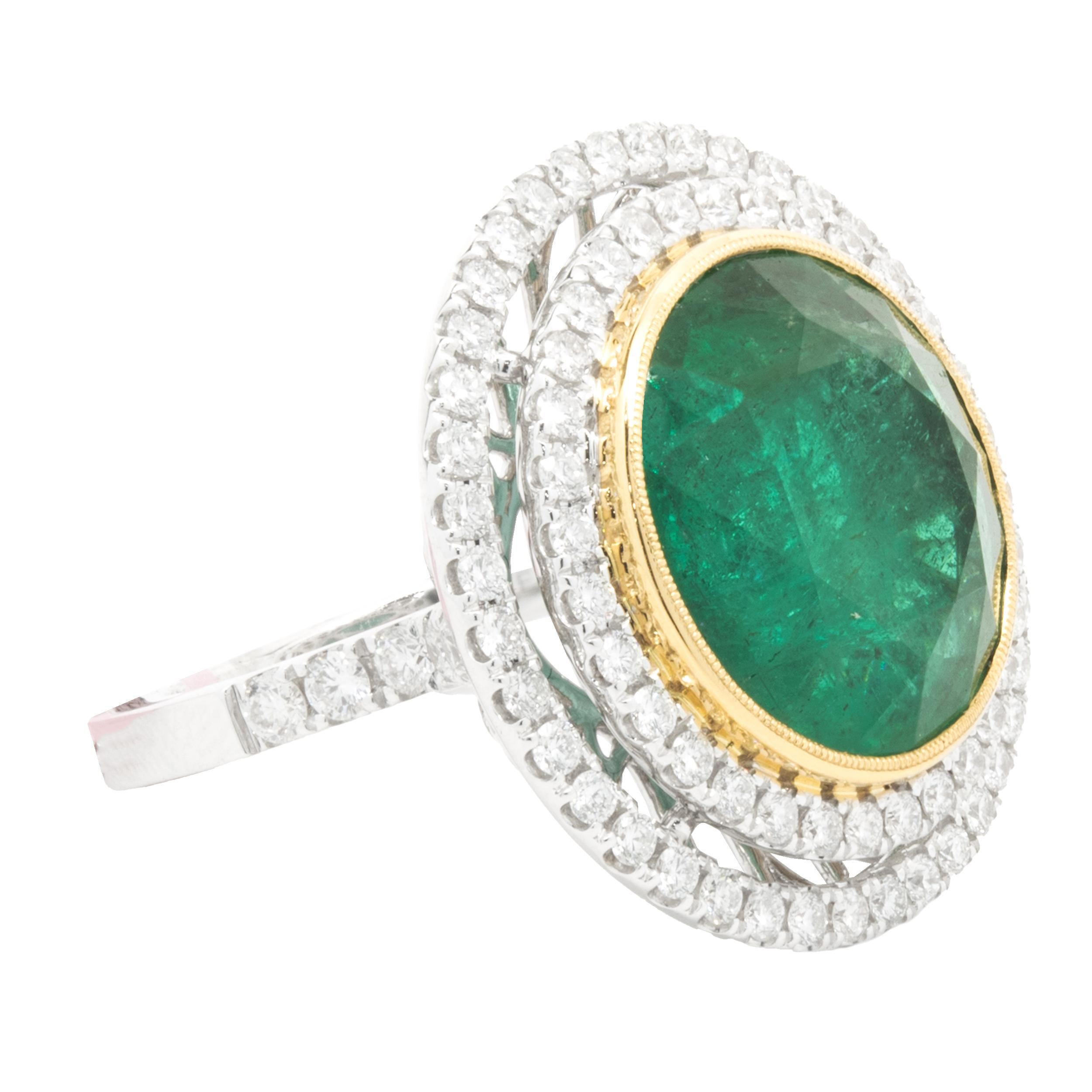 Round Cut 18 Karat White & Yellow Gold Emerald and Double Diamond Halo Ring For Sale