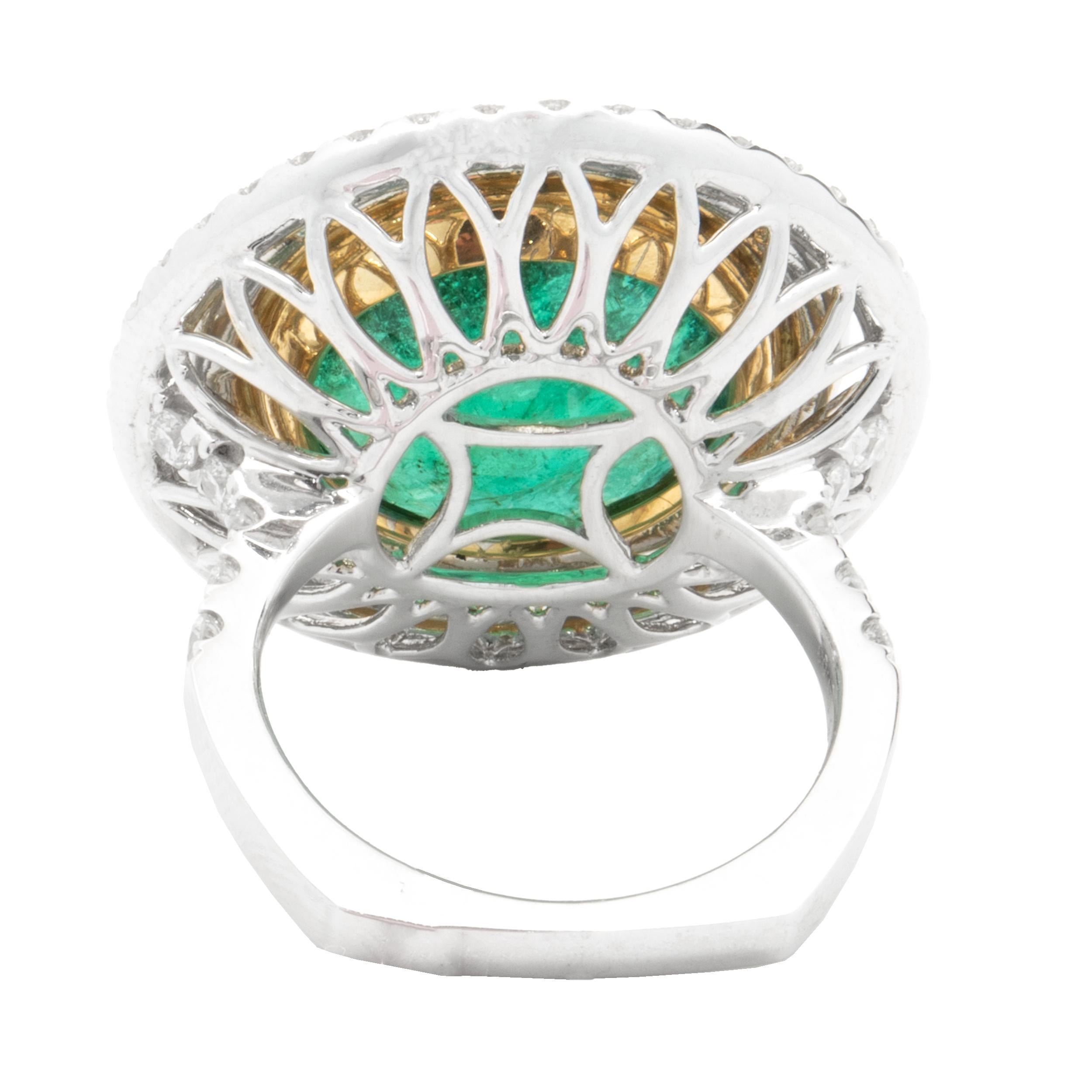 18 Karat White & Yellow Gold Emerald and Double Diamond Halo Ring In Excellent Condition For Sale In Scottsdale, AZ