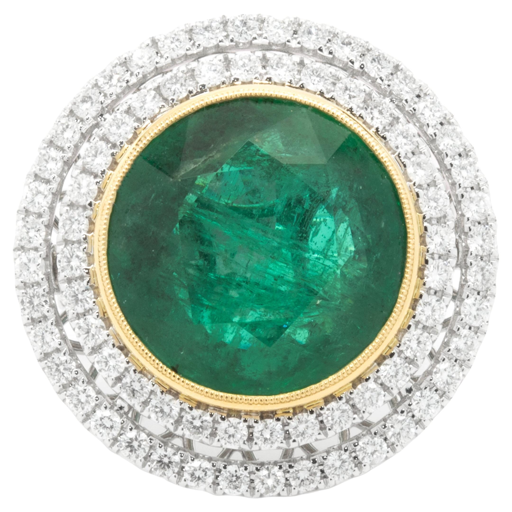 18 Karat White & Yellow Gold Emerald and Double Diamond Halo Ring For Sale