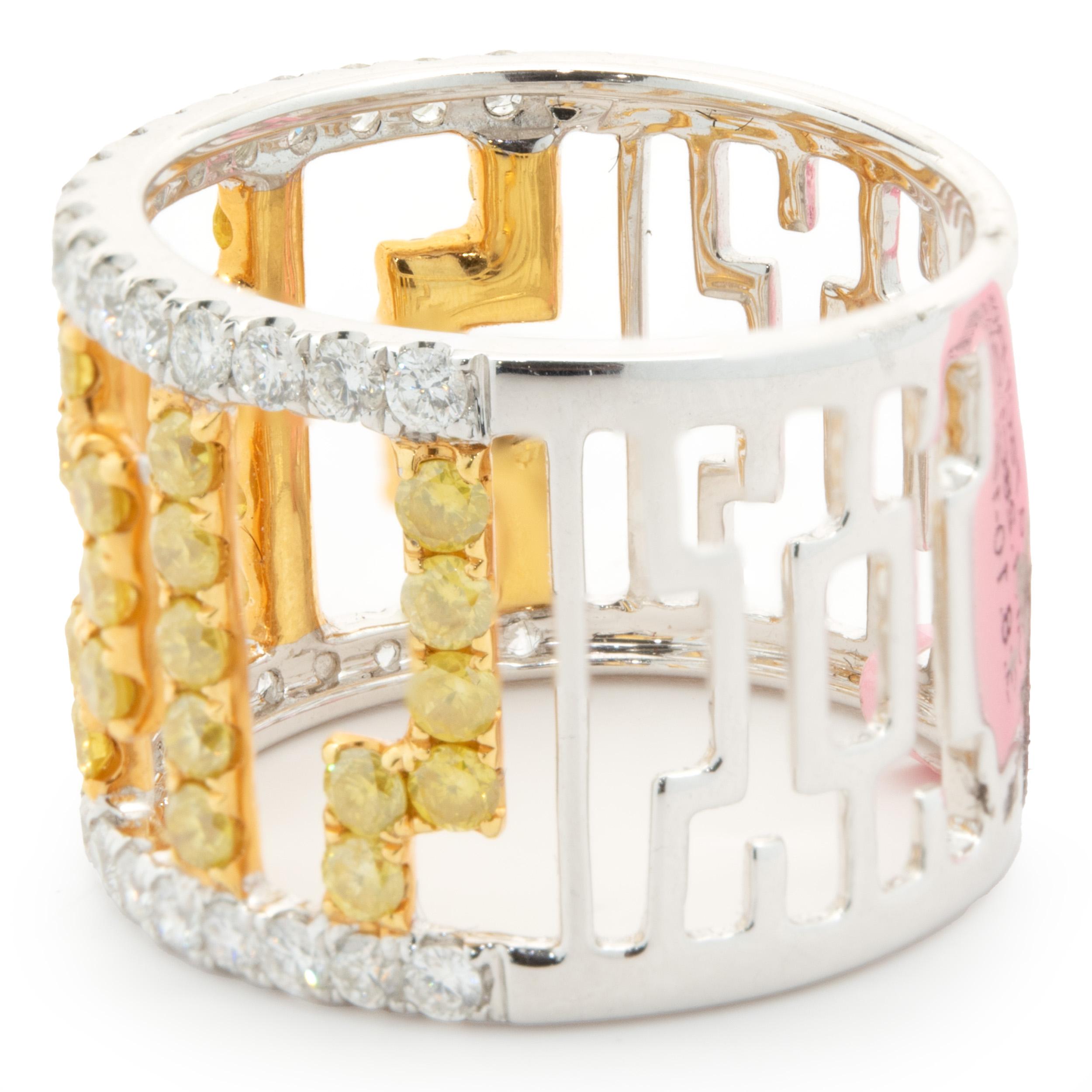 Round Cut 18 Karat White & Yellow Gold Fancy Yellow and White Diamond Cut Out Cigar Band For Sale