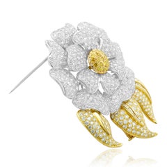 18 Karat White & Yellow Gold Fancy Yellow and White Pave Diamond Flower Pin
