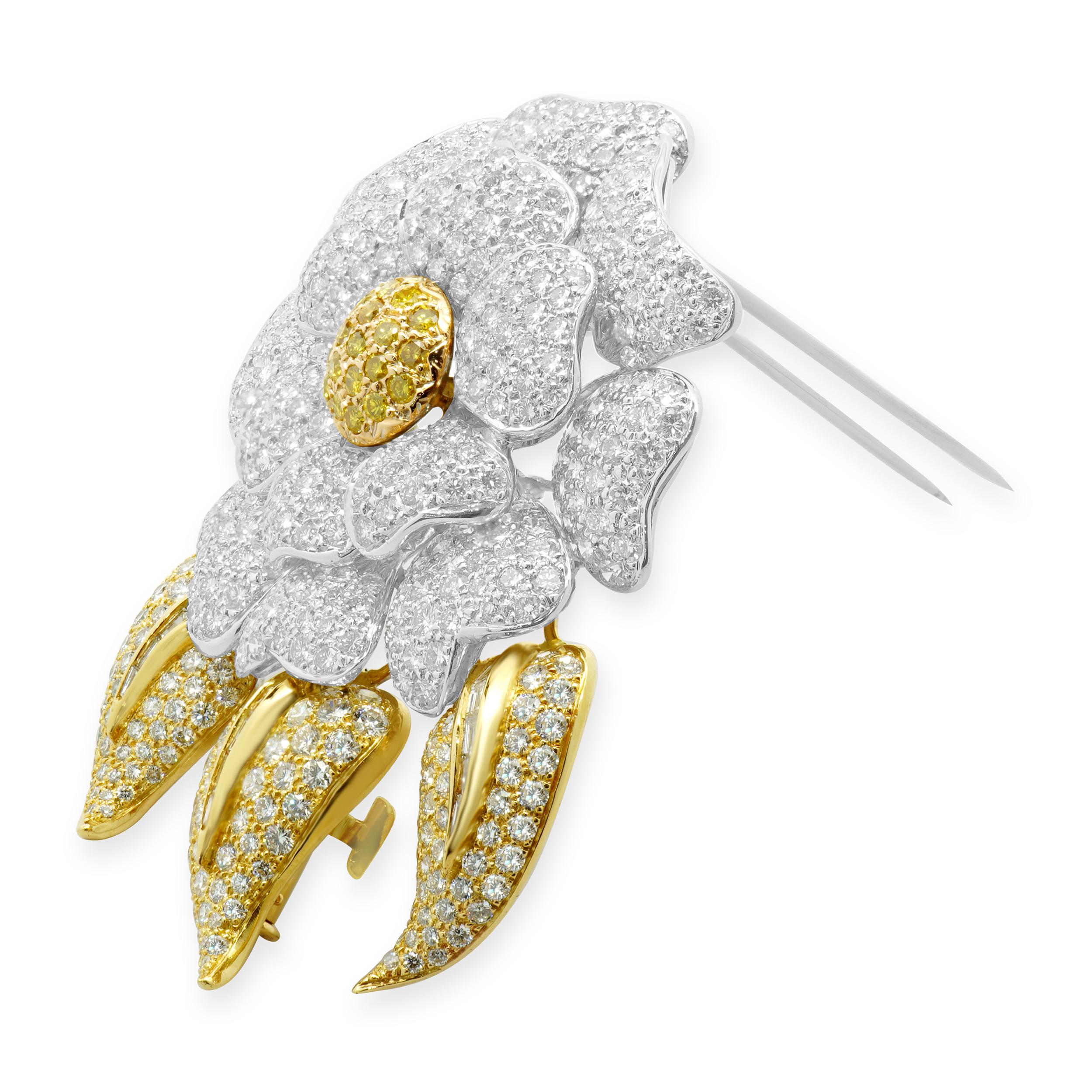 Round Cut 18 Karat White & Yellow Gold Fancy Yellow and White Pave Diamond Flower Pin For Sale