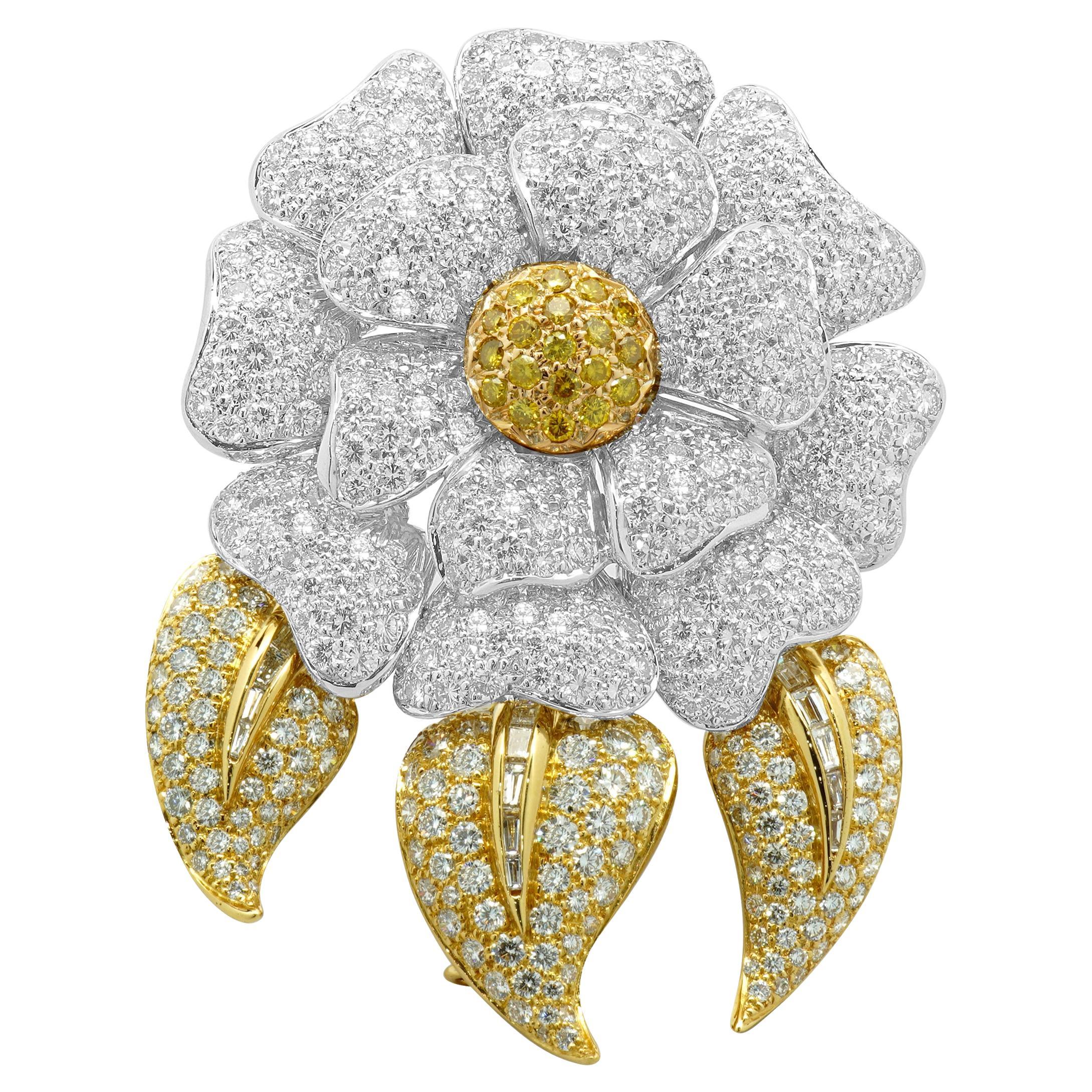 18 Karat White & Yellow Gold Fancy Yellow and White Pave Diamond Flower Pin For Sale