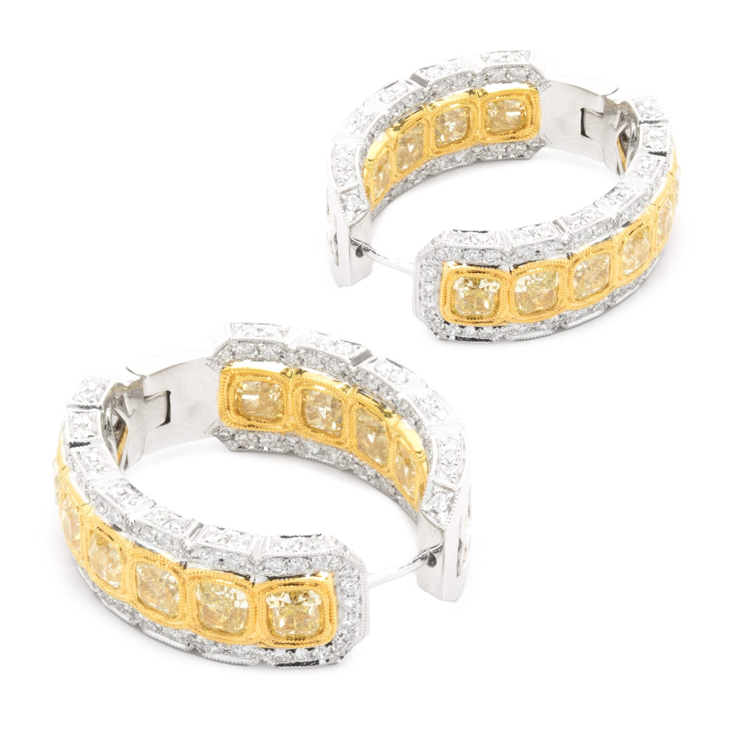 Cushion Cut 18 Karat White & Yellow Gold Fancy Yellow Diamond Inside Outside Hoop Earrings For Sale