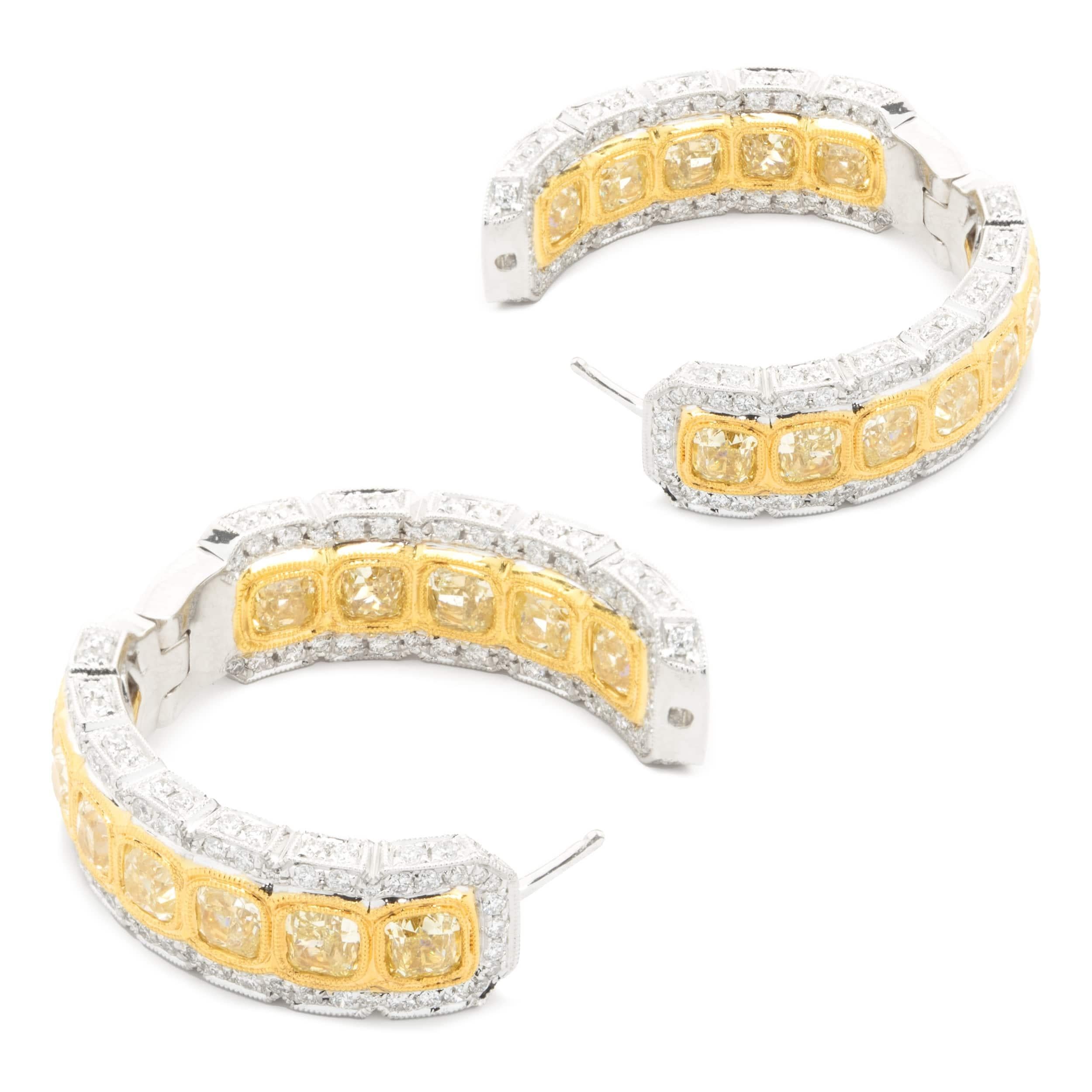 18 Karat White & Yellow Gold Fancy Yellow Diamond Inside Outside Hoop Earrings In Excellent Condition For Sale In Scottsdale, AZ