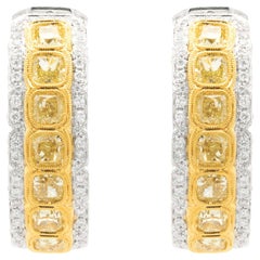 Créoles en or blanc et jaune 18 carats avec diamants jaunes fantaisie à l'intérieur et à l'extérieur des oreilles