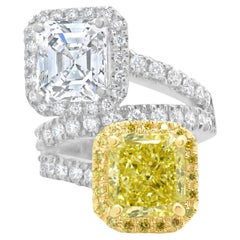 18k White & Yellow Gold Fancy Yellow Radiant and Emerald Cut Diamond Bypass Ring