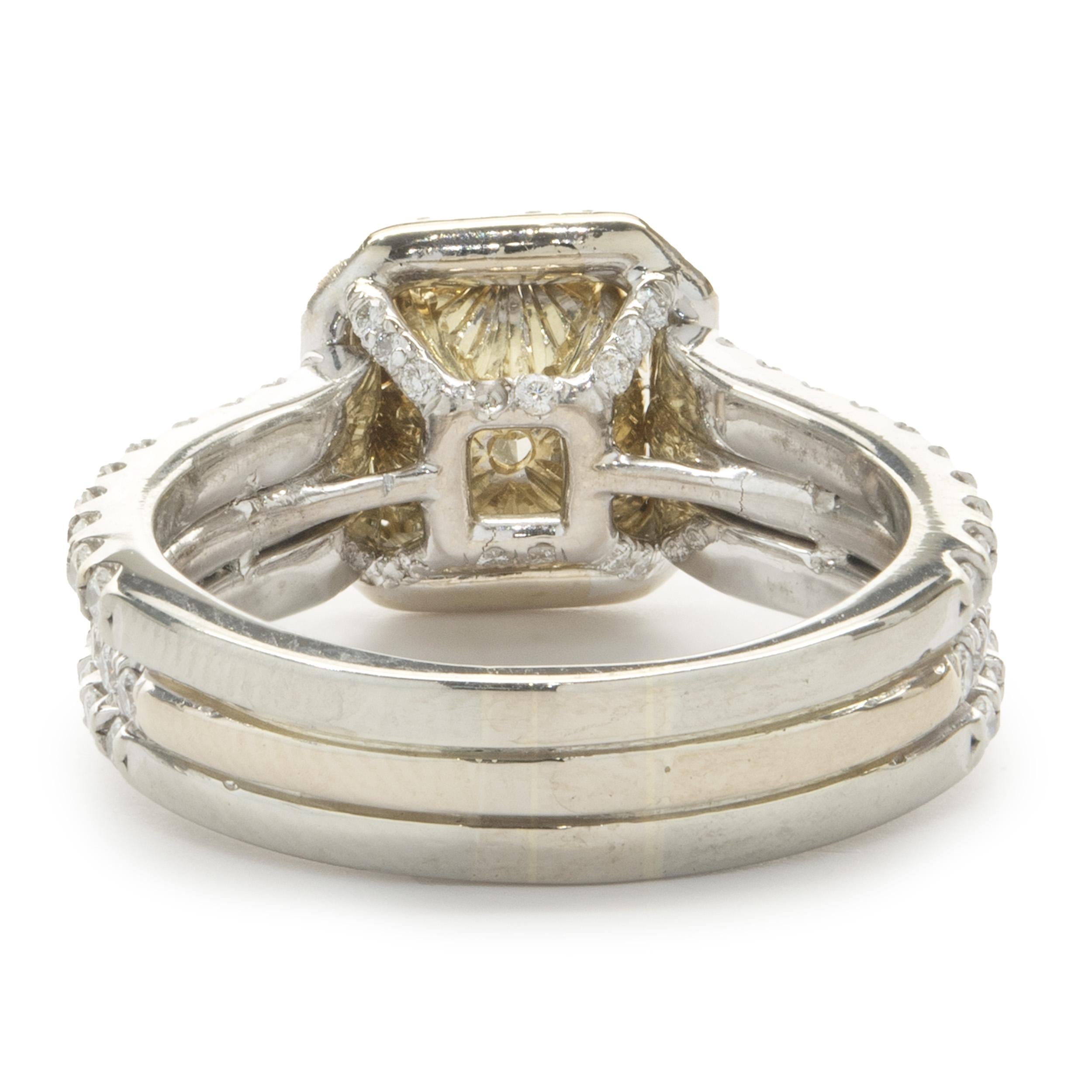 18 Karat White & Yellow Gold Fancy Yellow Radiant Cut Diamond Engagement Ring In Excellent Condition For Sale In Scottsdale, AZ