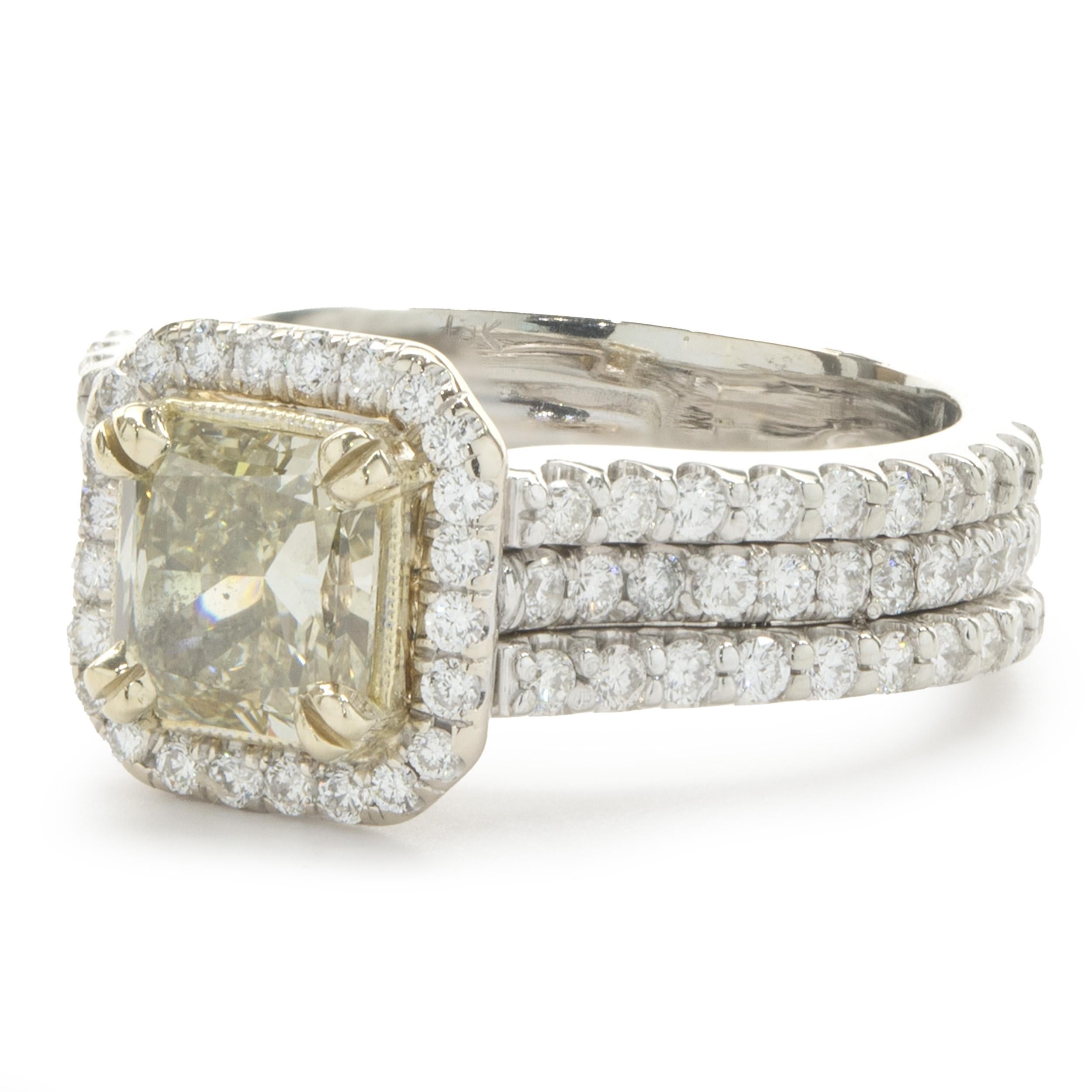 Women's 18 Karat White & Yellow Gold Fancy Yellow Radiant Cut Diamond Engagement Ring For Sale