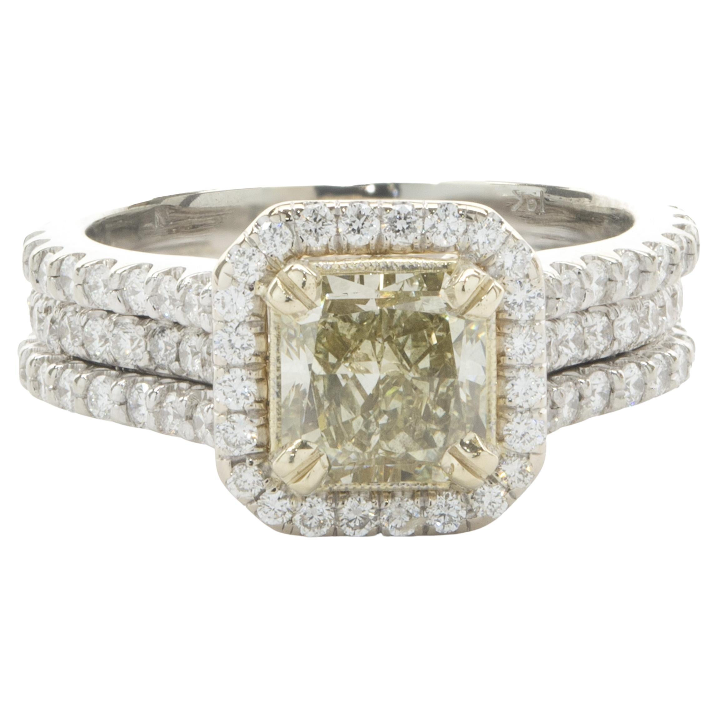 18 Karat White & Yellow Gold Fancy Yellow Radiant Cut Diamond Engagement Ring For Sale