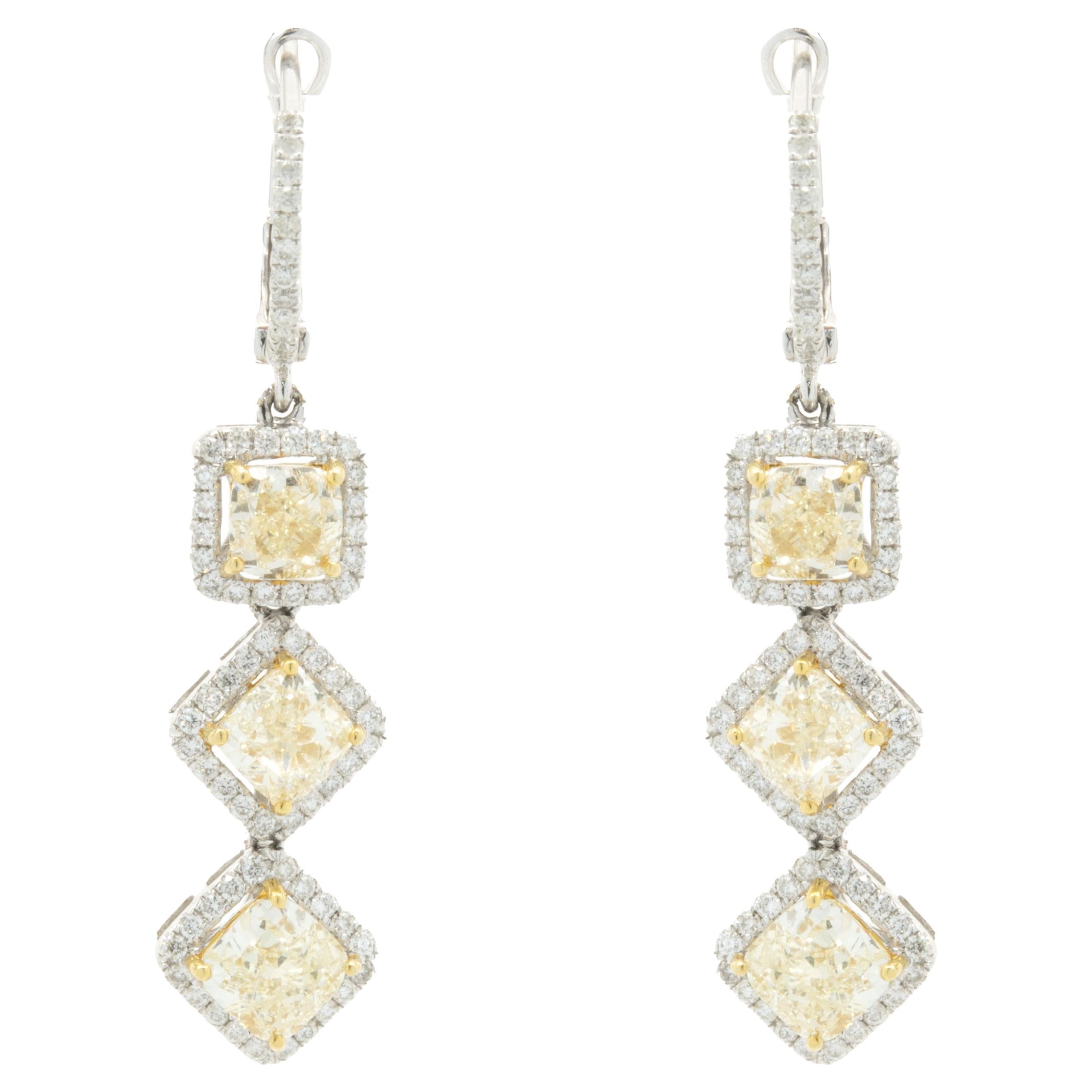 18 Karat White & Yellow Gold Fancy Yellow Three Diamond Drop Earrings