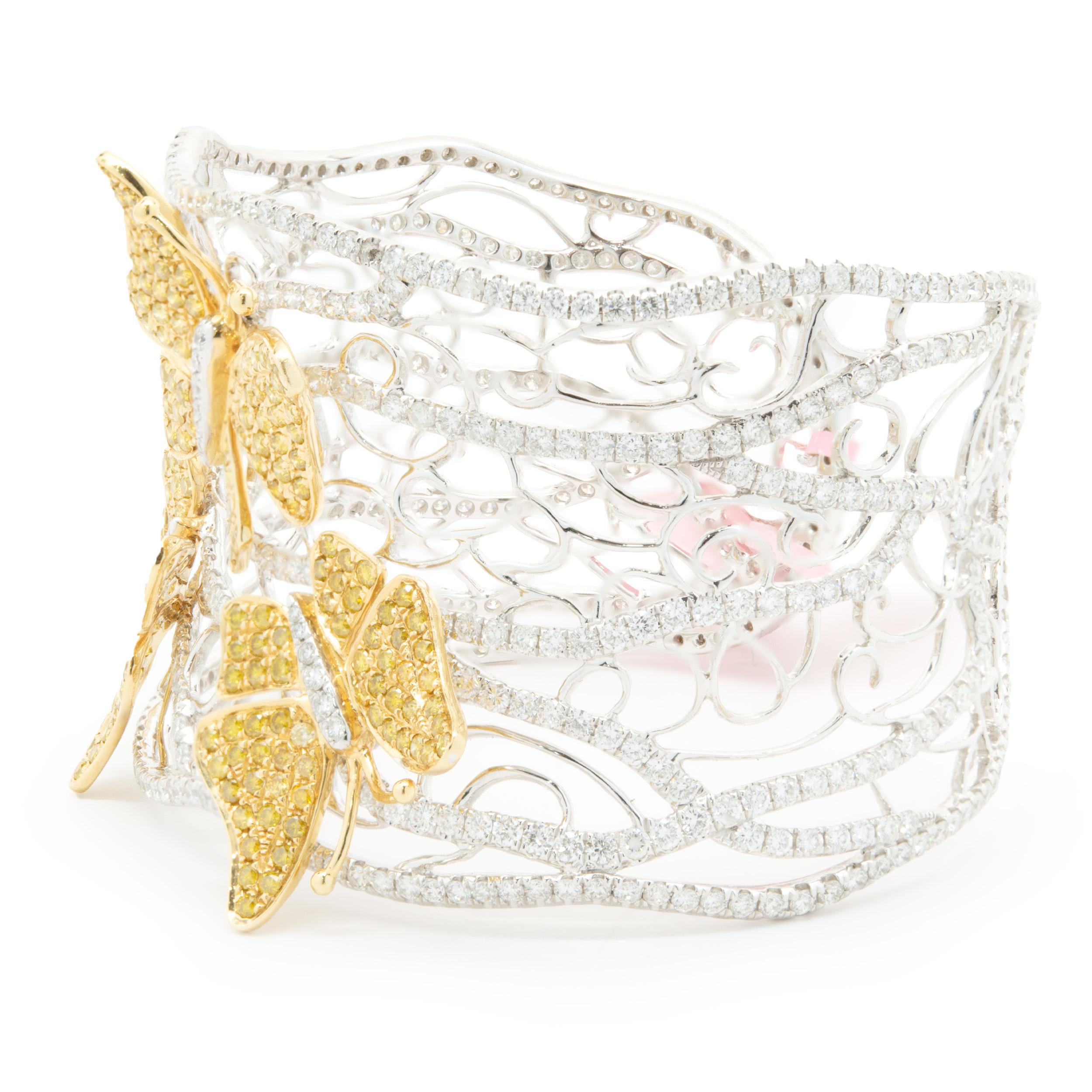 Round Cut 18 Karat White & Yellow Gold Pave Diamond Butterfly Floral Cuff Bracelet For Sale