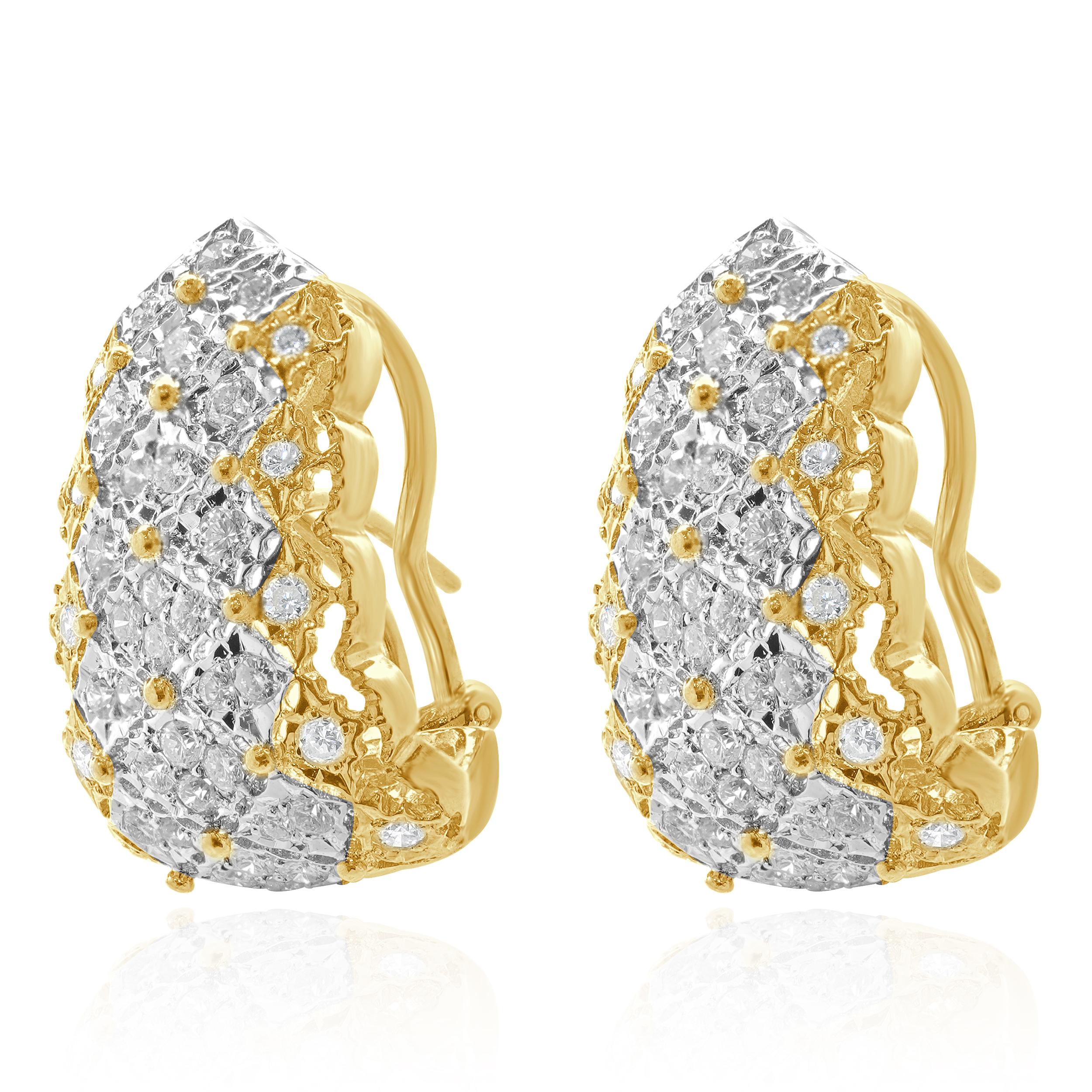 Designer: custom design
Material: 18K white & yellow gold
Diamonds: 80 round brilliant cut = 1.60cttw
Color: G
Clarity: VS2-SI1
Dimensions: earrings measure 26 x 17.5mm in length
Weight: 16.23 grams
