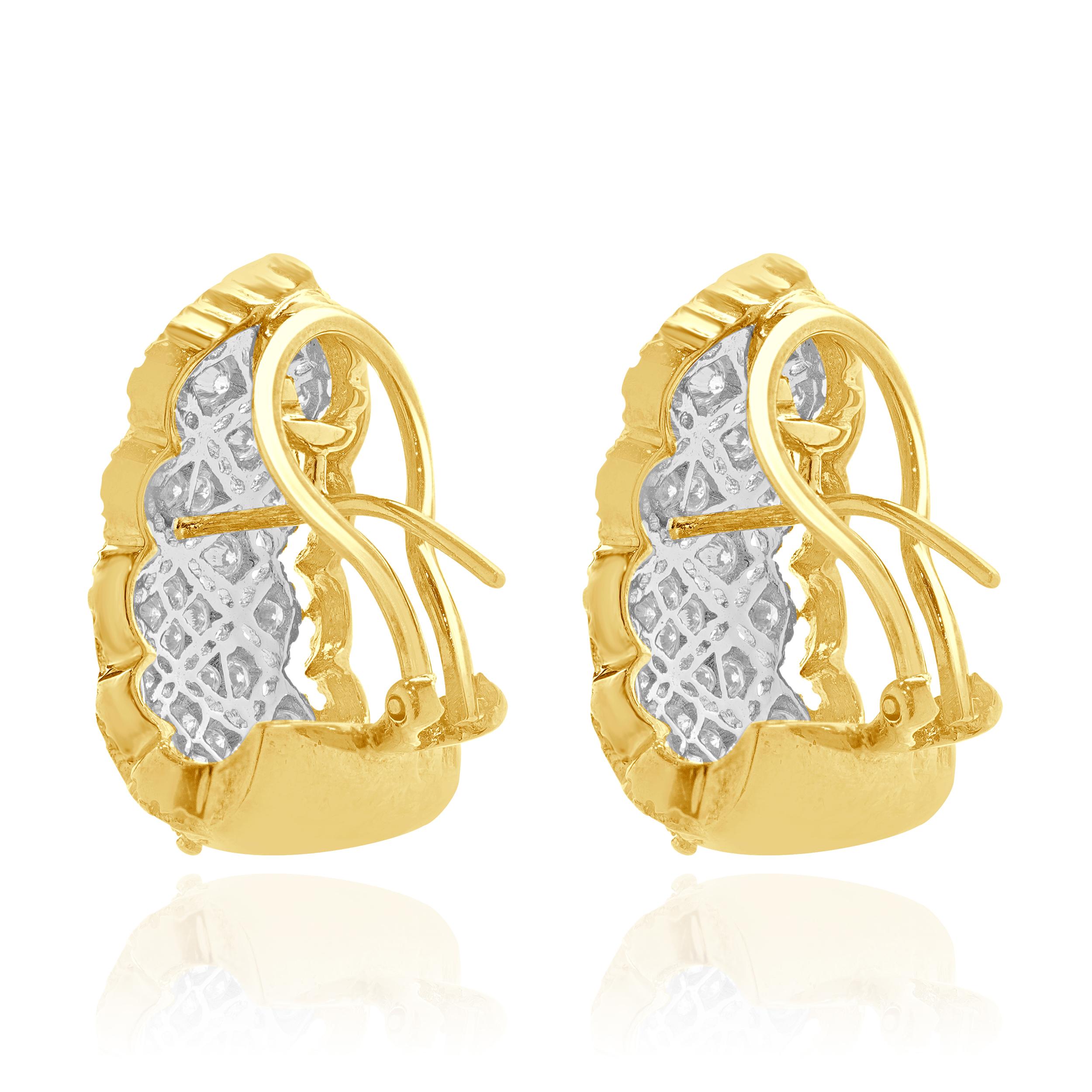 Round Cut 18 Karat White & Yellow Gold Pave Diamond Weave Hoop Earrings For Sale