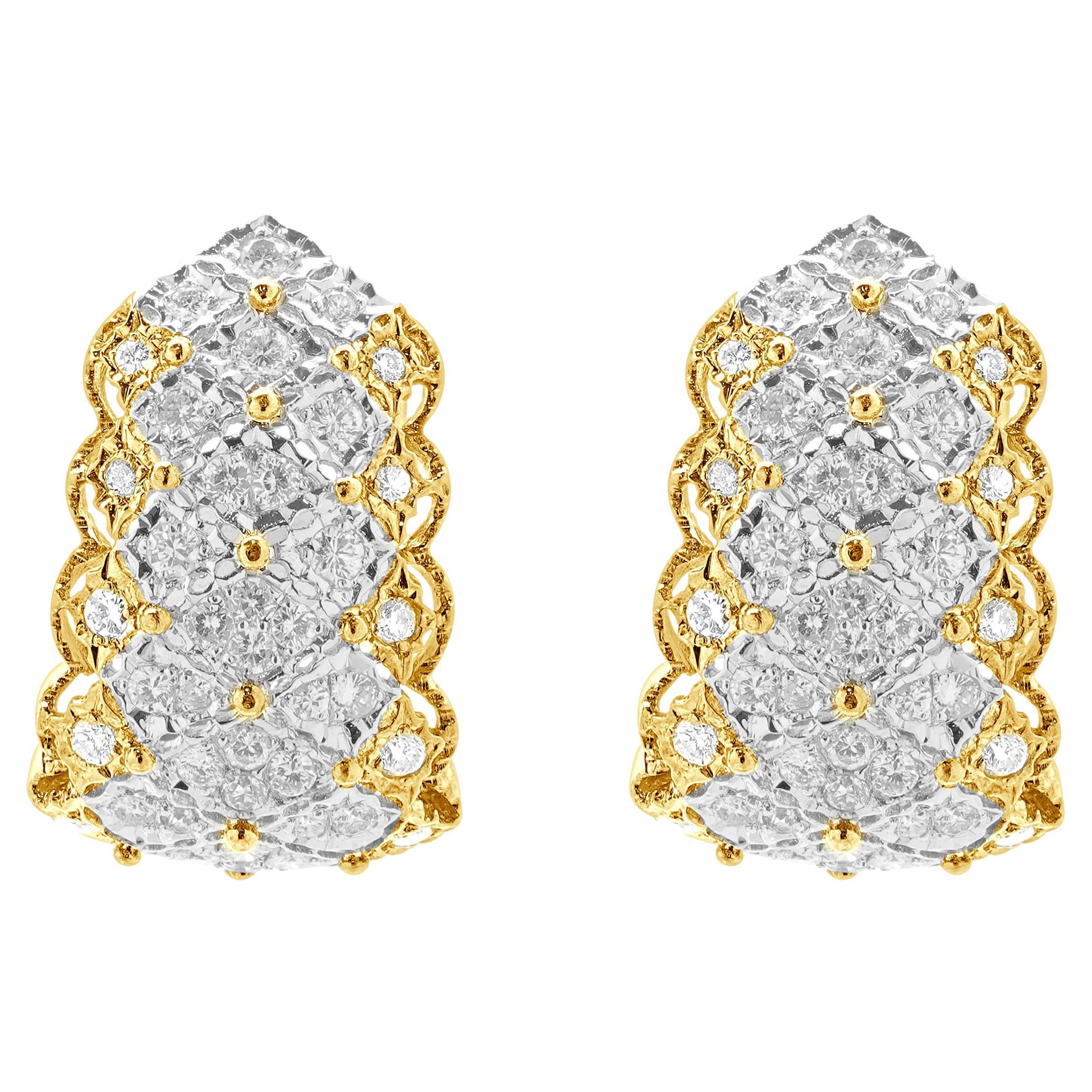 18 Karat White & Yellow Gold Pave Diamond Weave Hoop Earrings For Sale