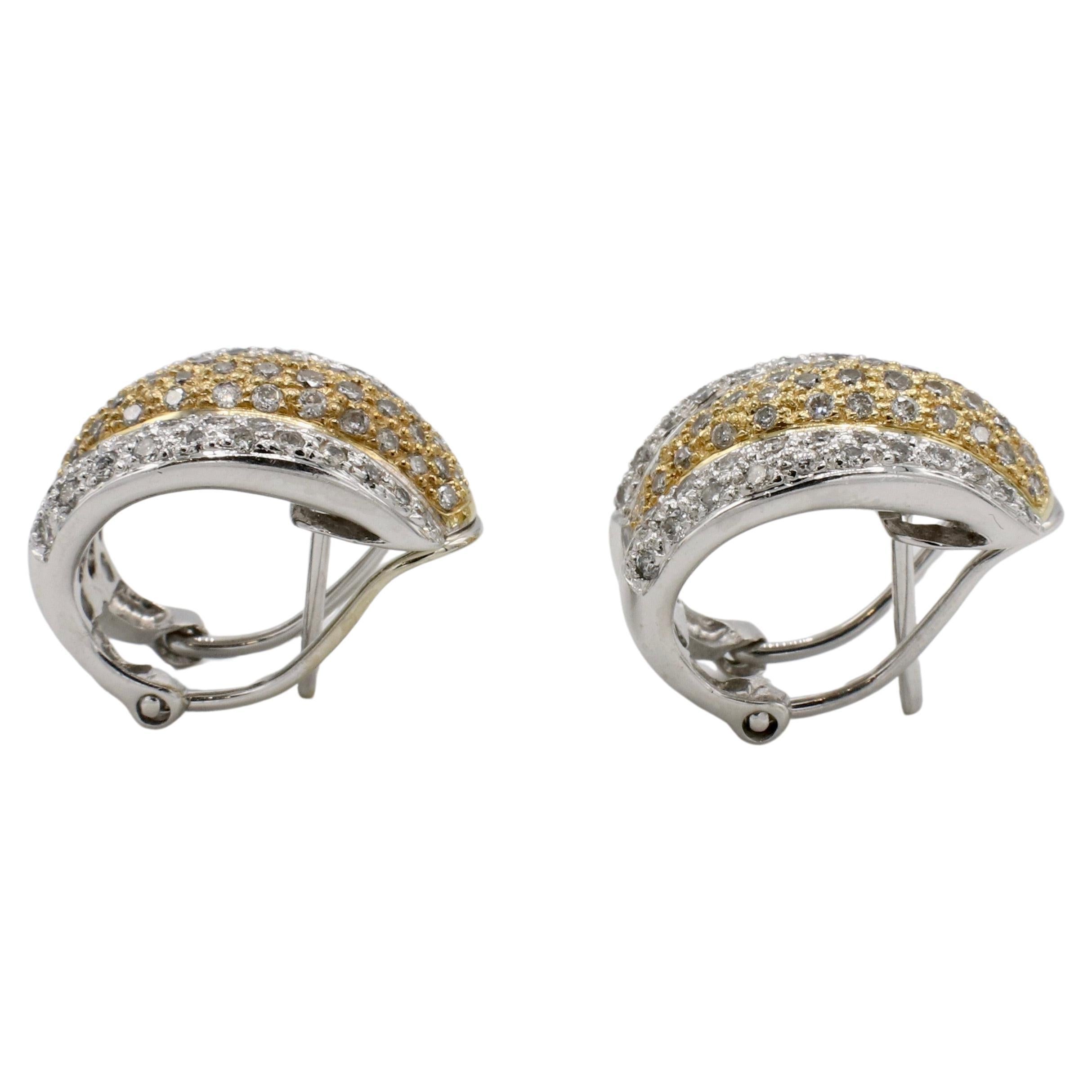 Modern 18 Karat White & Yellow Gold Pave Natural Diamond Huggie Earrings 