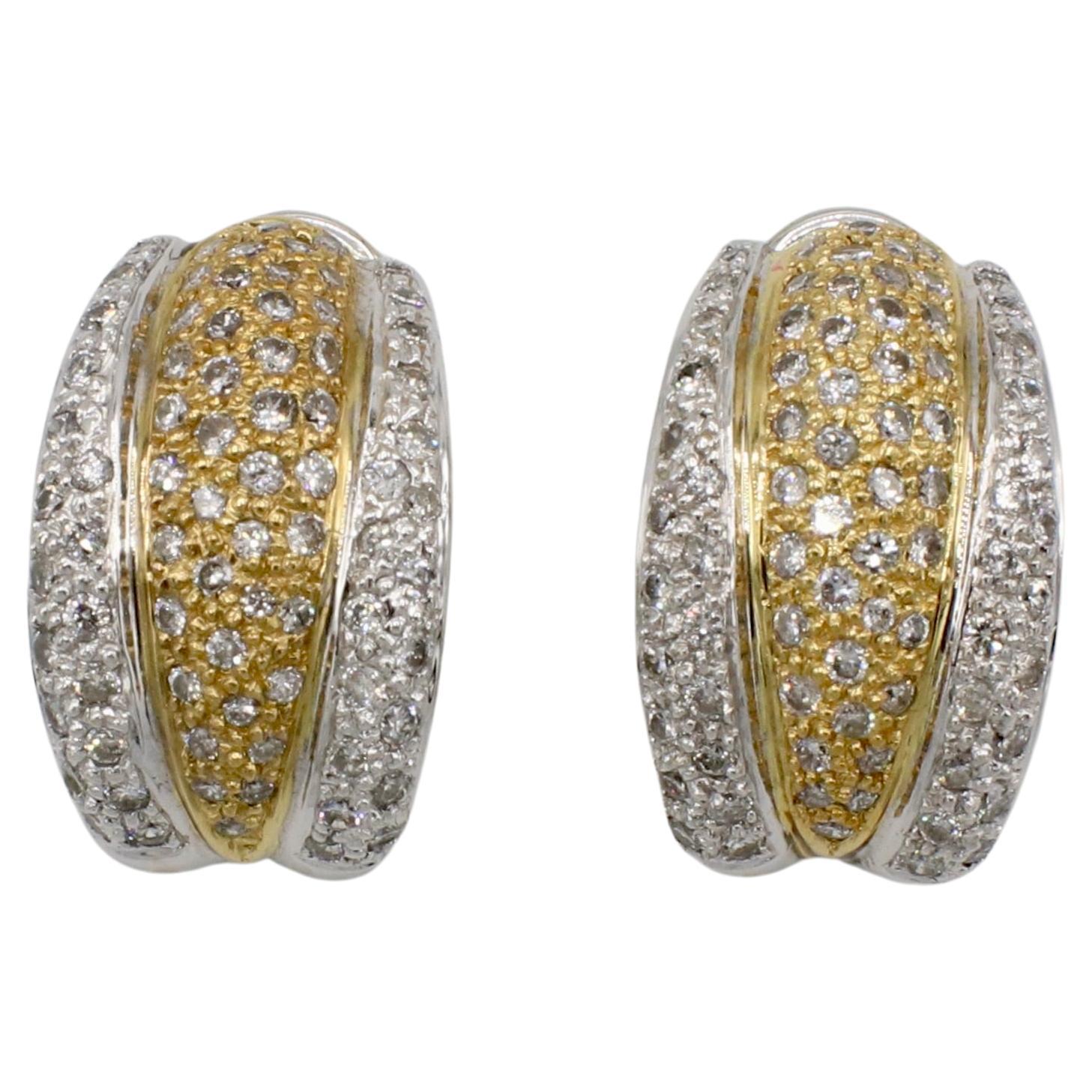 18 Karat White & Yellow Gold Pave Natural Diamond Huggie Earrings 