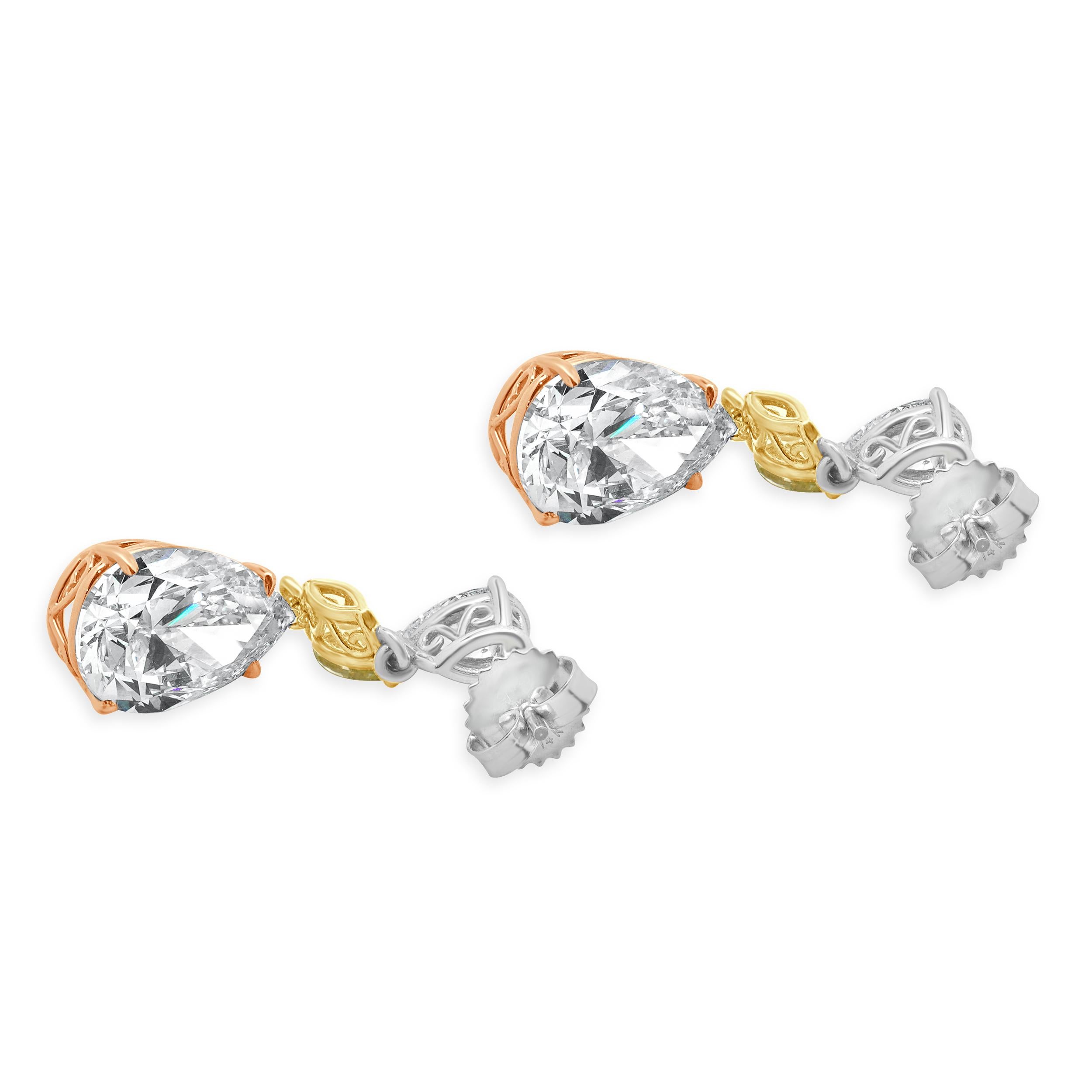 Women's 18 Karat White & Yellow Gold Pear Cut Diamond Drop Earrings For Sale
