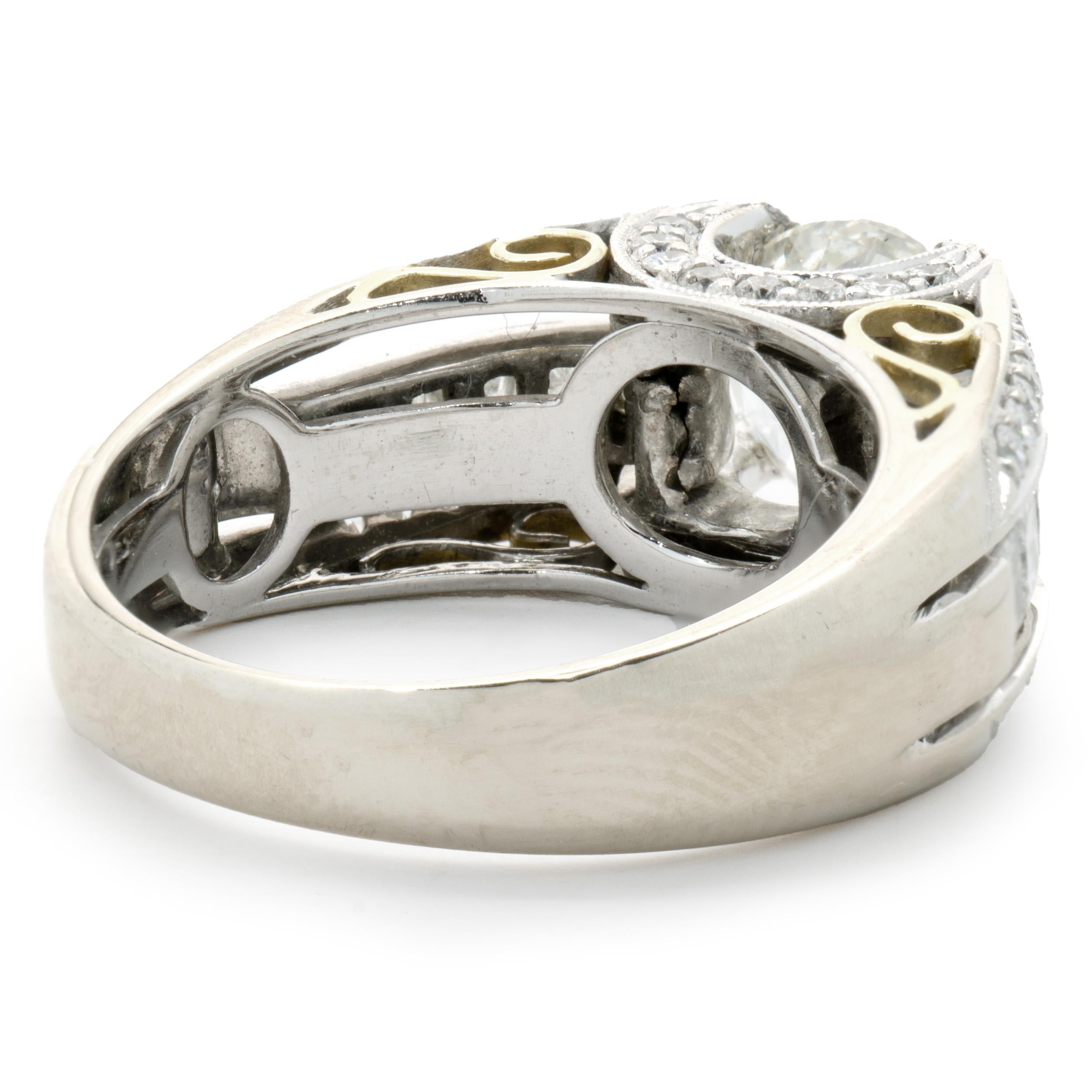 Round Cut 18 Karat White & Yellow Gold Round Brilliant Cut Diamond Engagement Ring For Sale