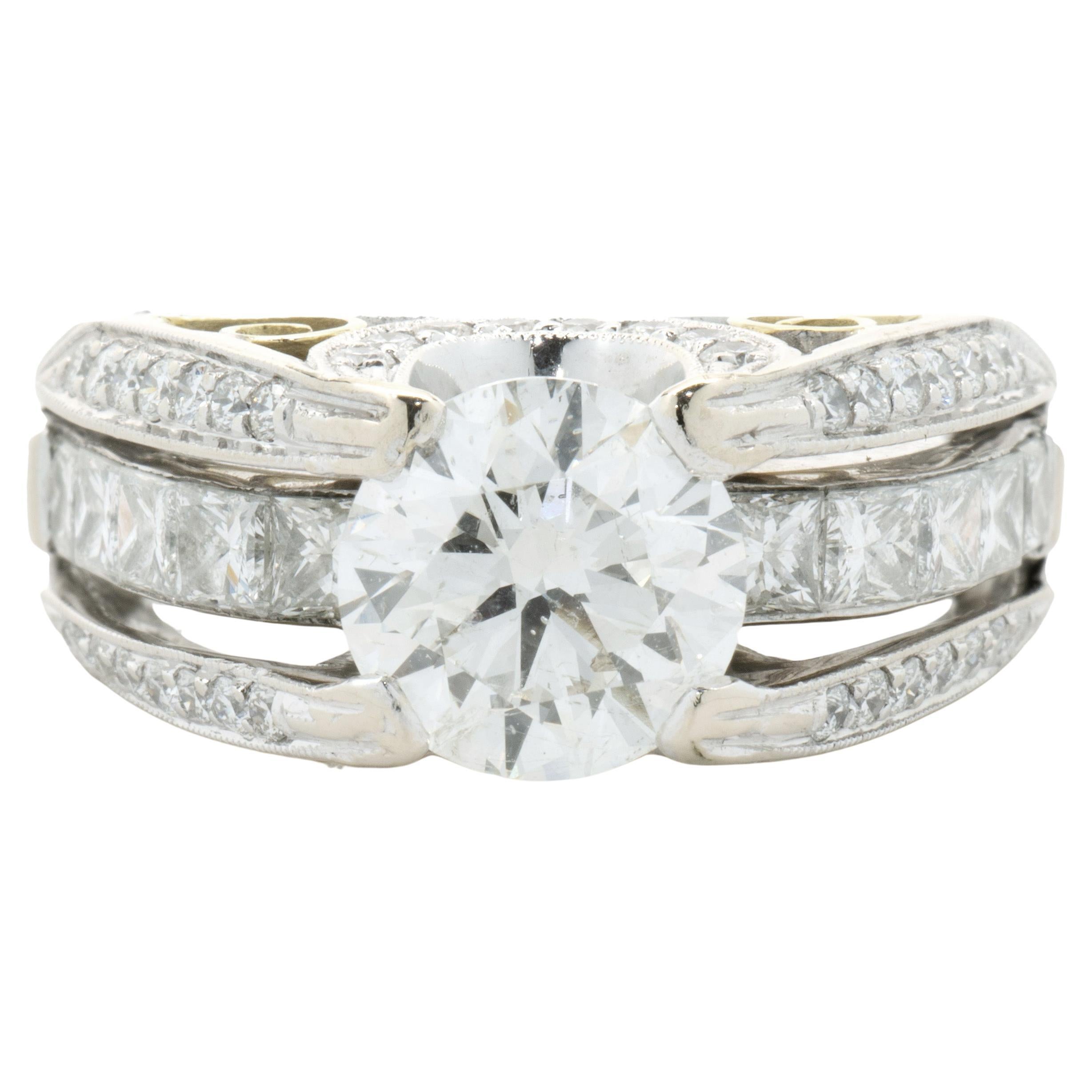 18 Karat White & Yellow Gold Round Brilliant Cut Diamond Engagement Ring For Sale