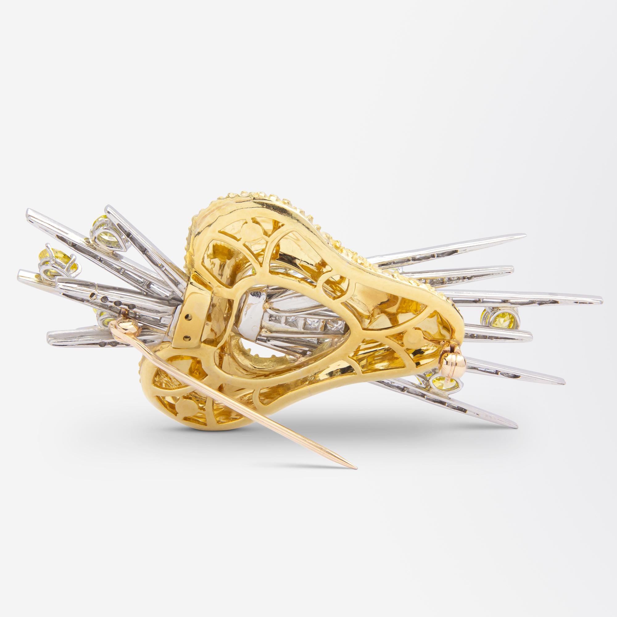 Modernist 18 Karat White & Yellow Gold Spray Brooch with White & Yellow Diamonds For Sale