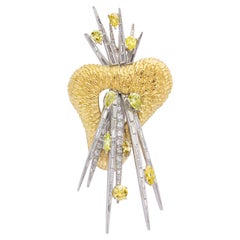 18 Karat White & Yellow Gold Spray Brooch with White & Yellow Diamonds