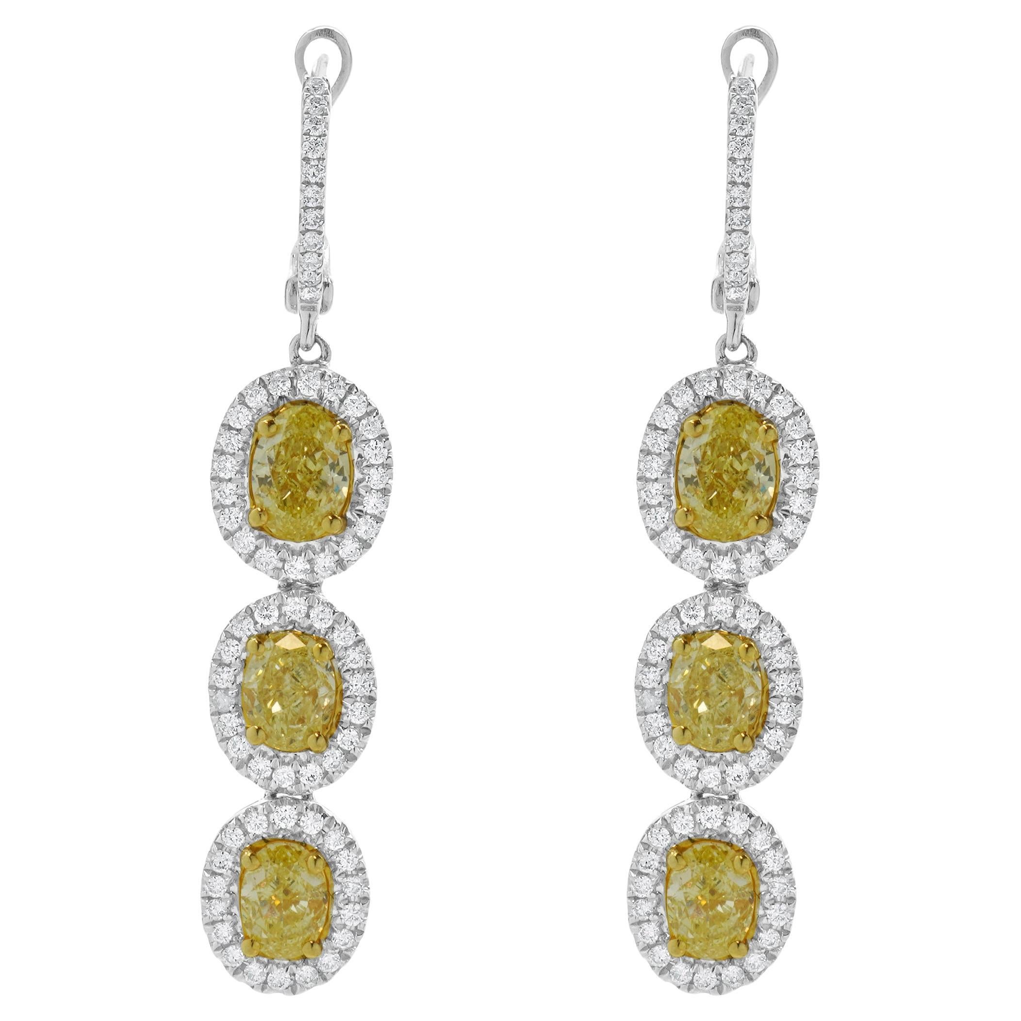 18 Karat White & Yellow Gold Three Diamond Fancy Yellow Drop Earrings