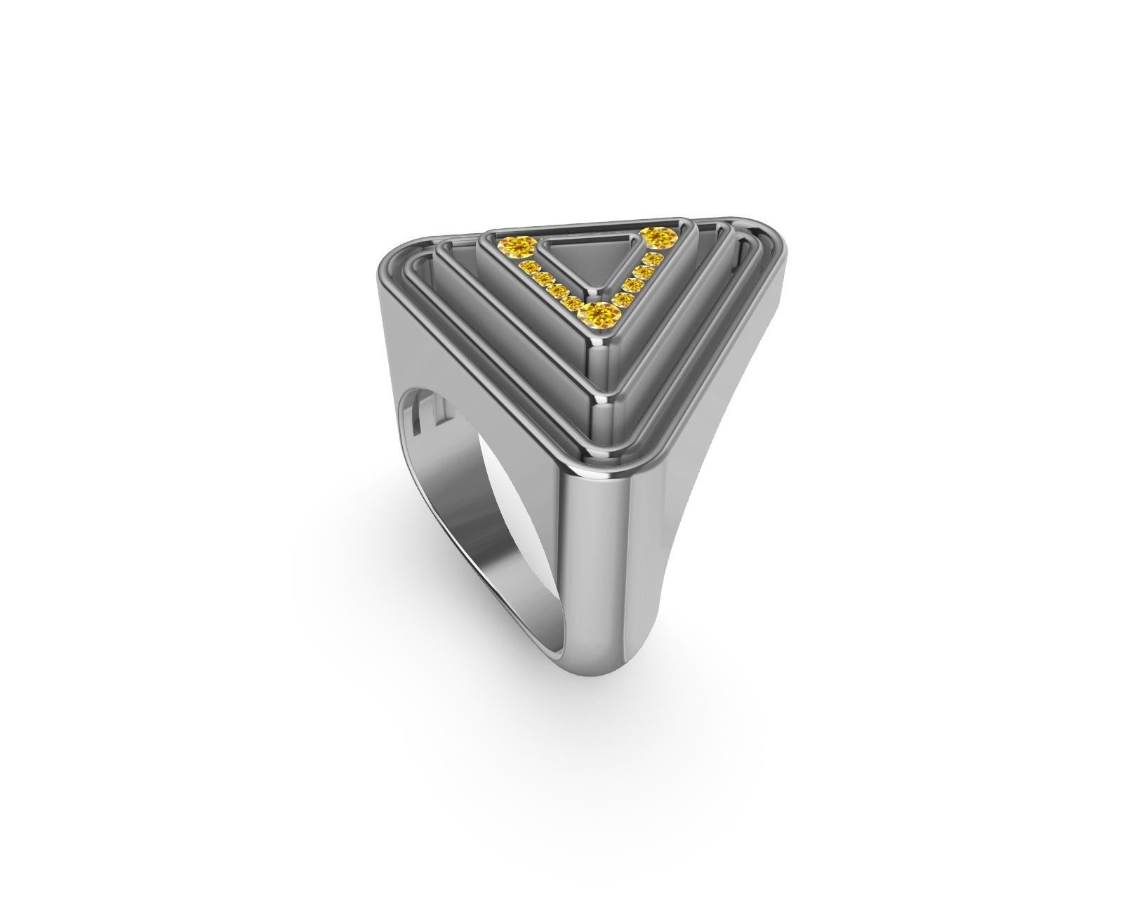 For Sale:  18 Karat White Gold with Natural Vivid Yellow Diamonds Triangle Ring 7