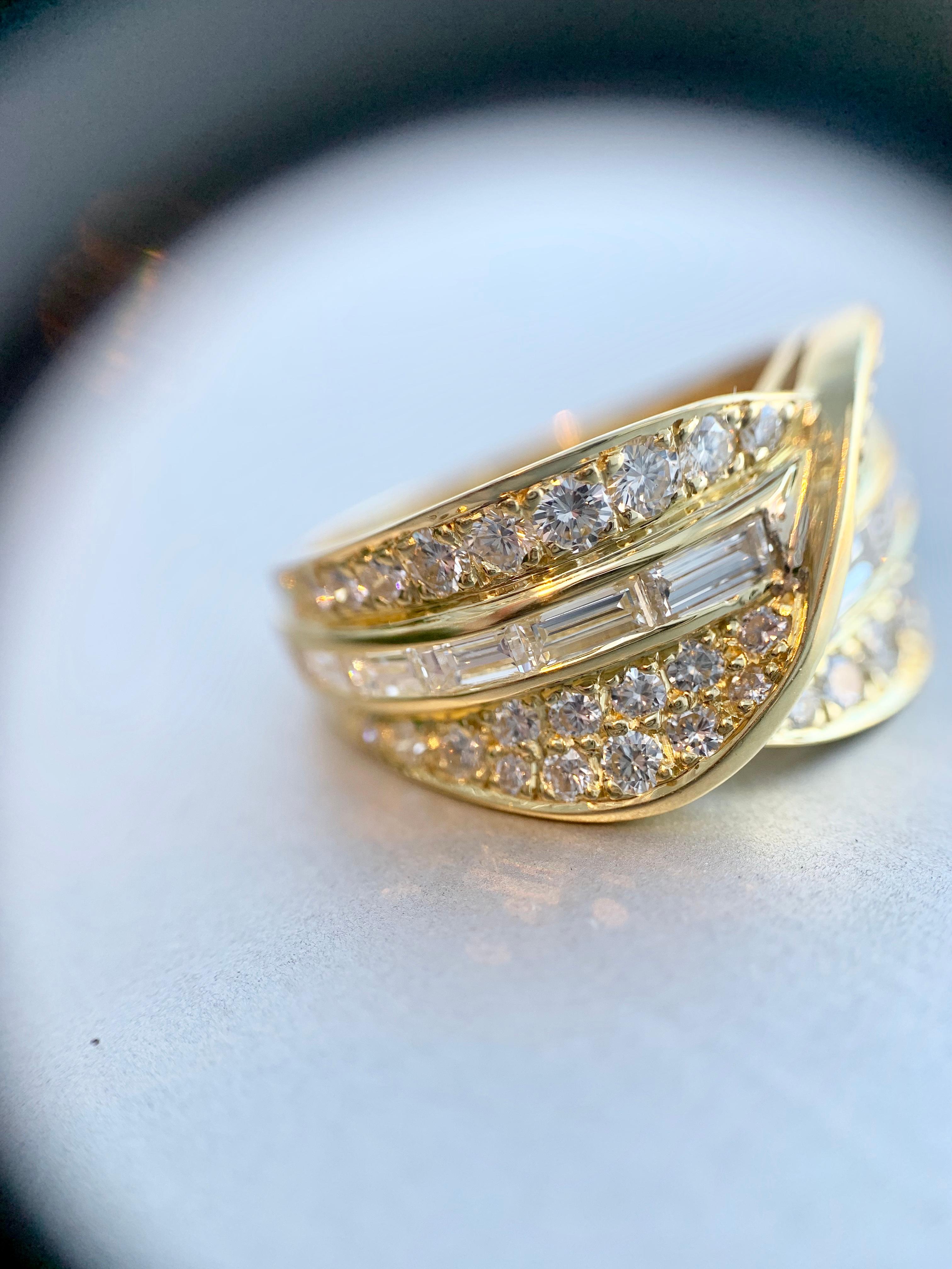 18 Karat Wide Baguette and Round Diamond Ring For Sale 5