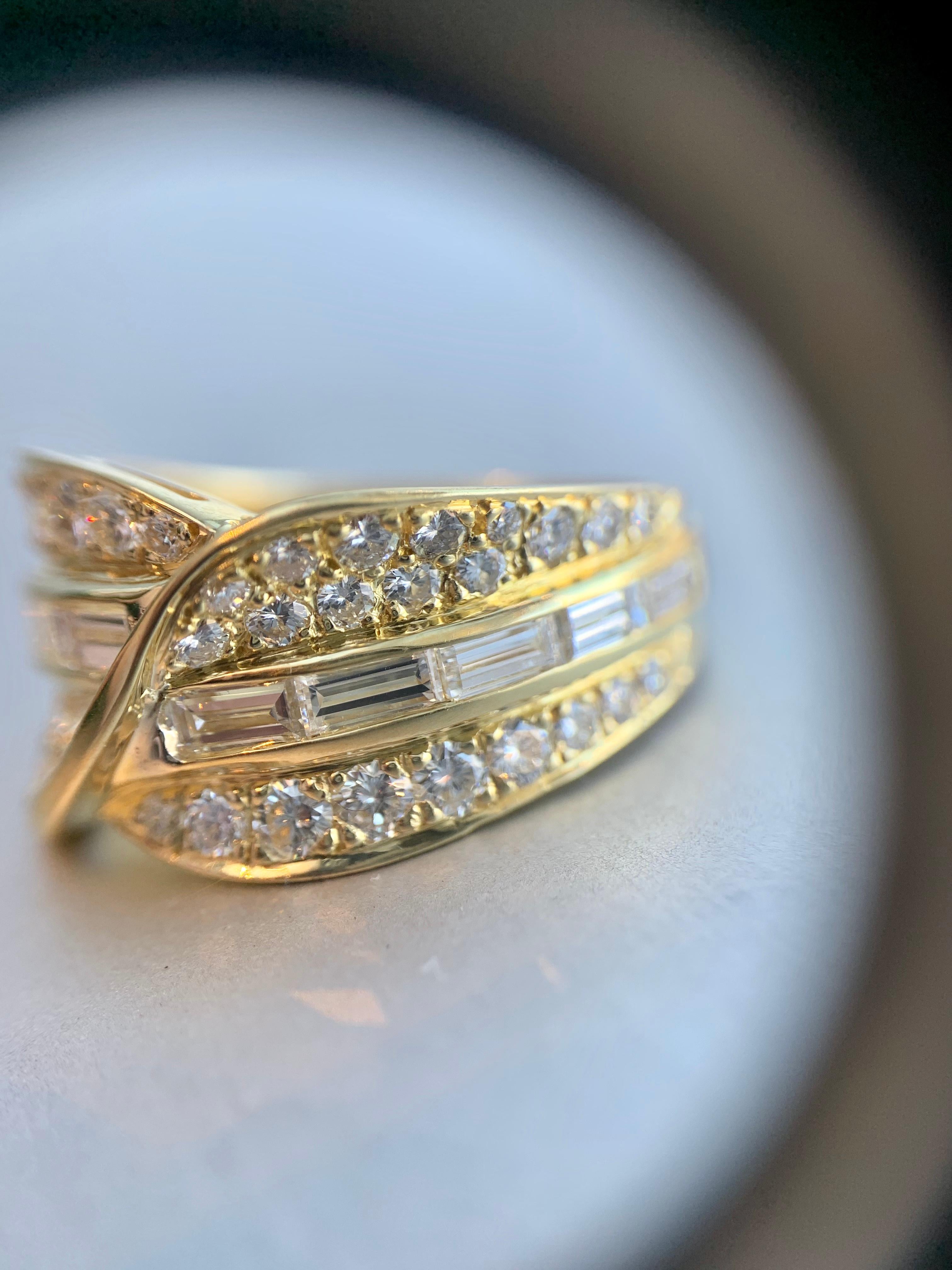 18 Karat Wide Baguette and Round Diamond Ring For Sale 7