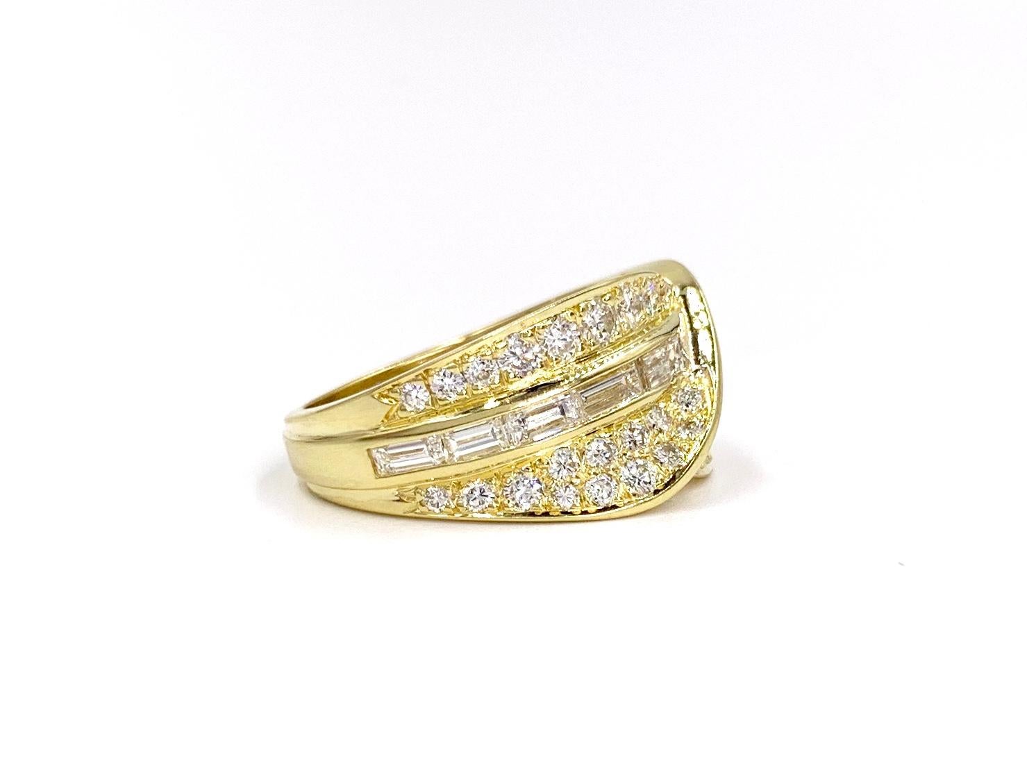 Contemporary 18 Karat Wide Baguette and Round Diamond Ring For Sale