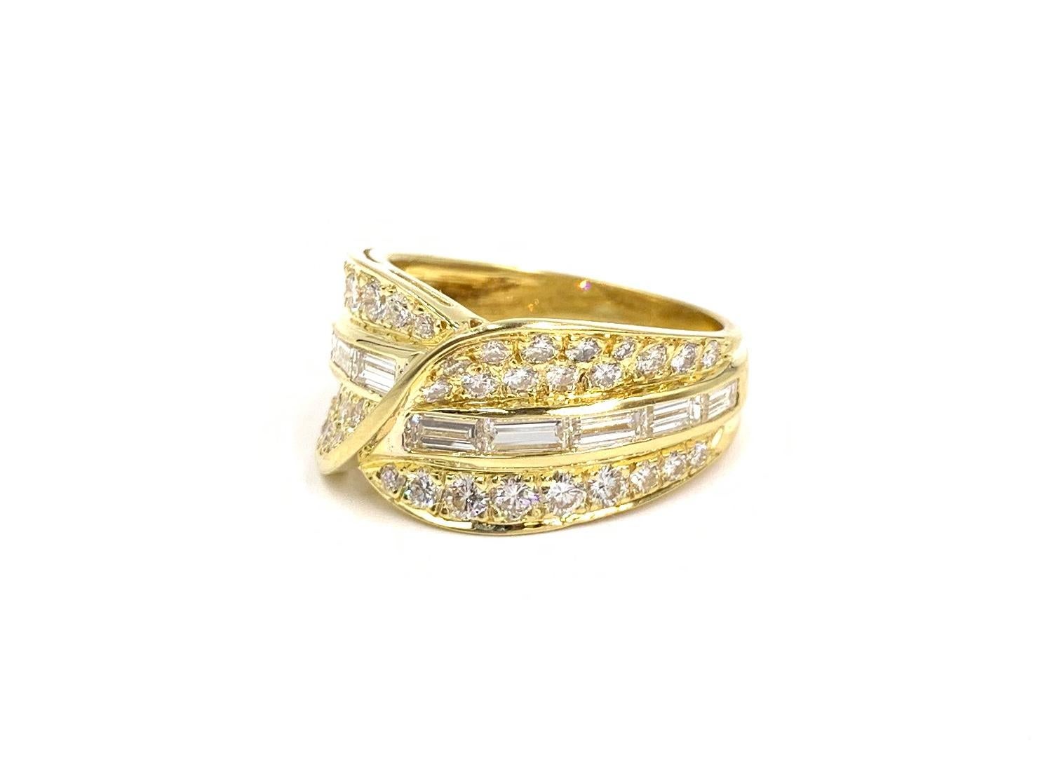 18 Karat Wide Baguette and Round Diamond Ring For Sale 1