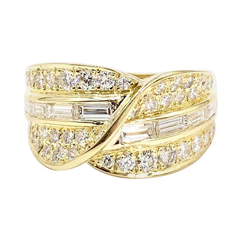 18 Karat Wide Baguette and Round Diamond Ring For Sale