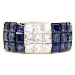 18 Karat Wide Blue Sapphire and Diamond Modern Band