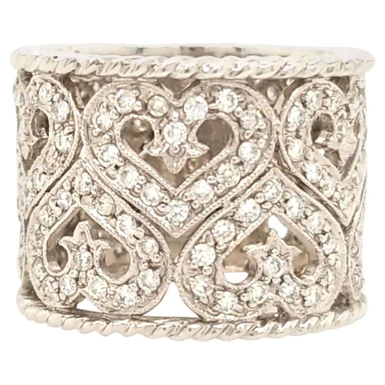 18 Karat Wide Diamond Barrel Ring Heart Motif White Gold