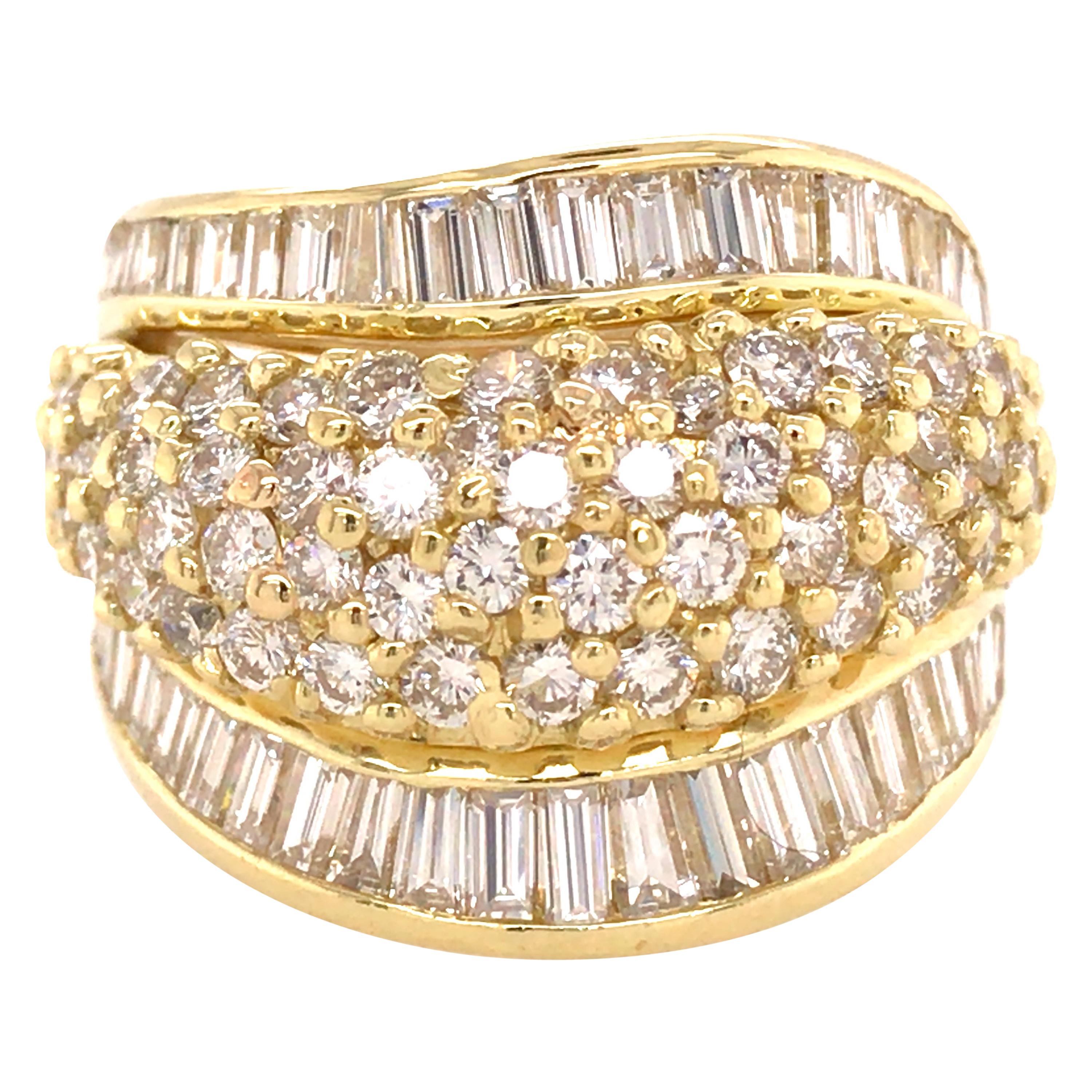 18 Karat Wide Round and Baguette Diamond Band Yellow Gold For Sale