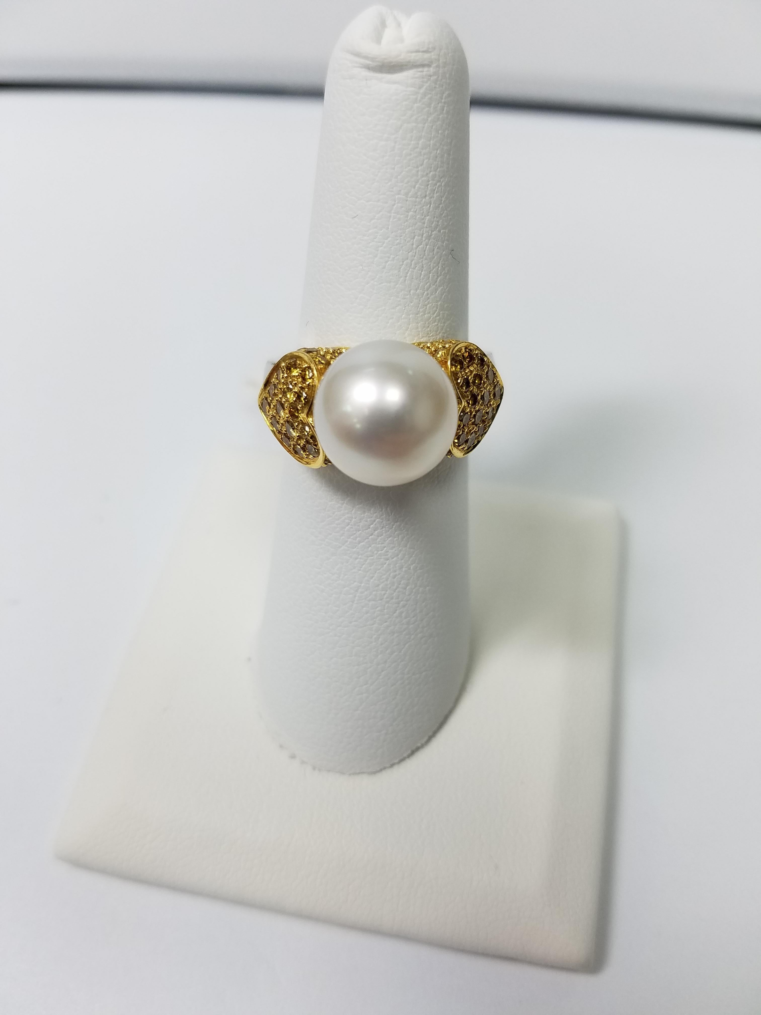 18 Karat with Natural Fancy Yellow Diamonds and South Sea Pearl Ring 1
