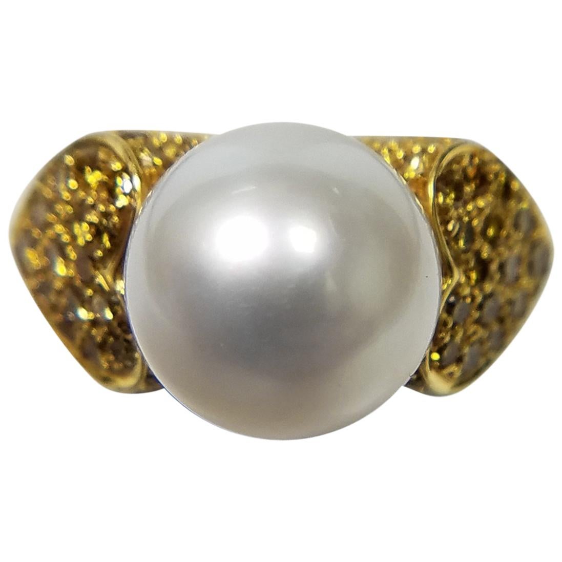 18 Karat with Natural Fancy Yellow Diamonds and South Sea Pearl Ring