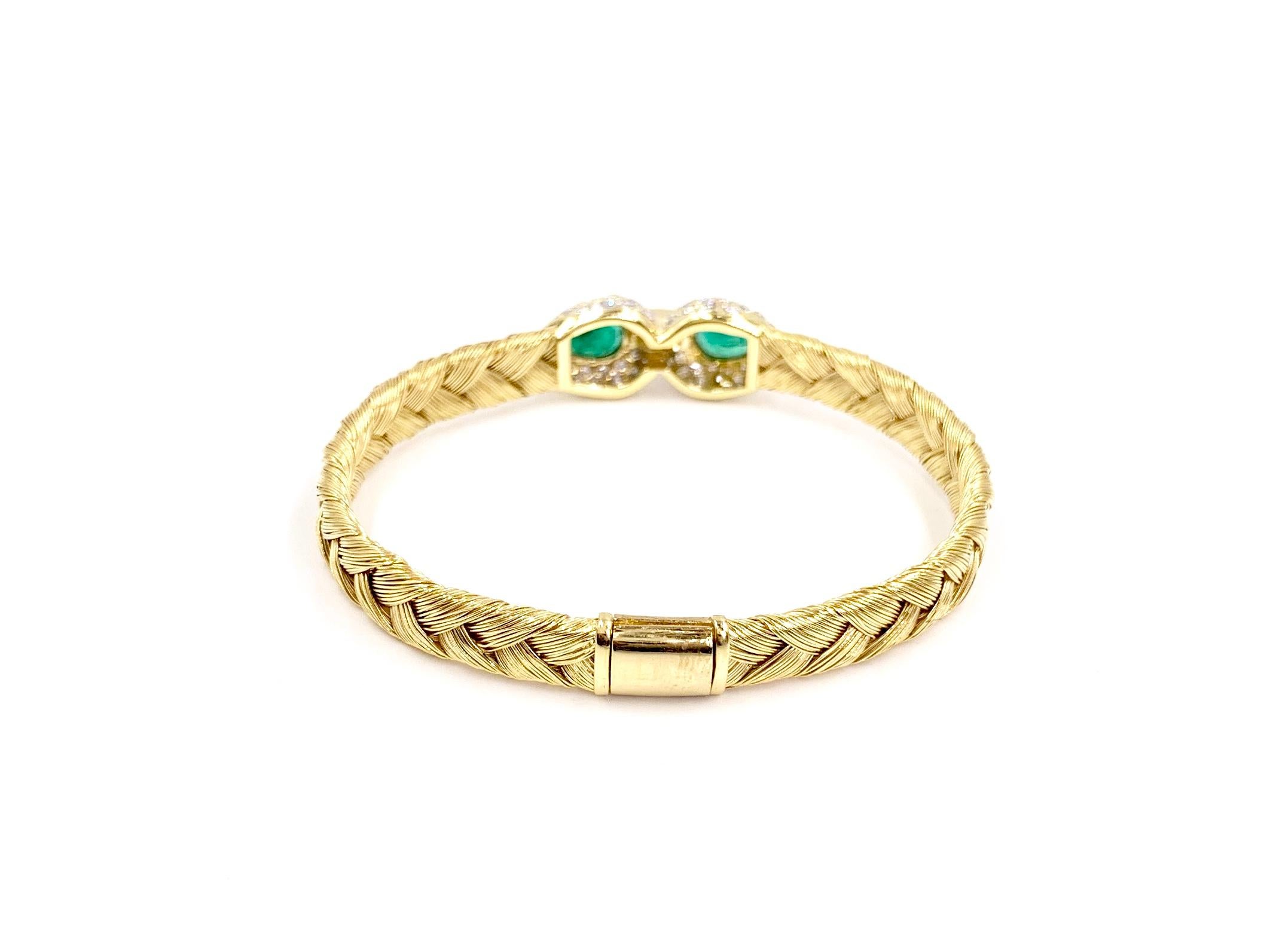 Women's 18 Karat Woven Bangle with Emeralds and Diamonds For Sale