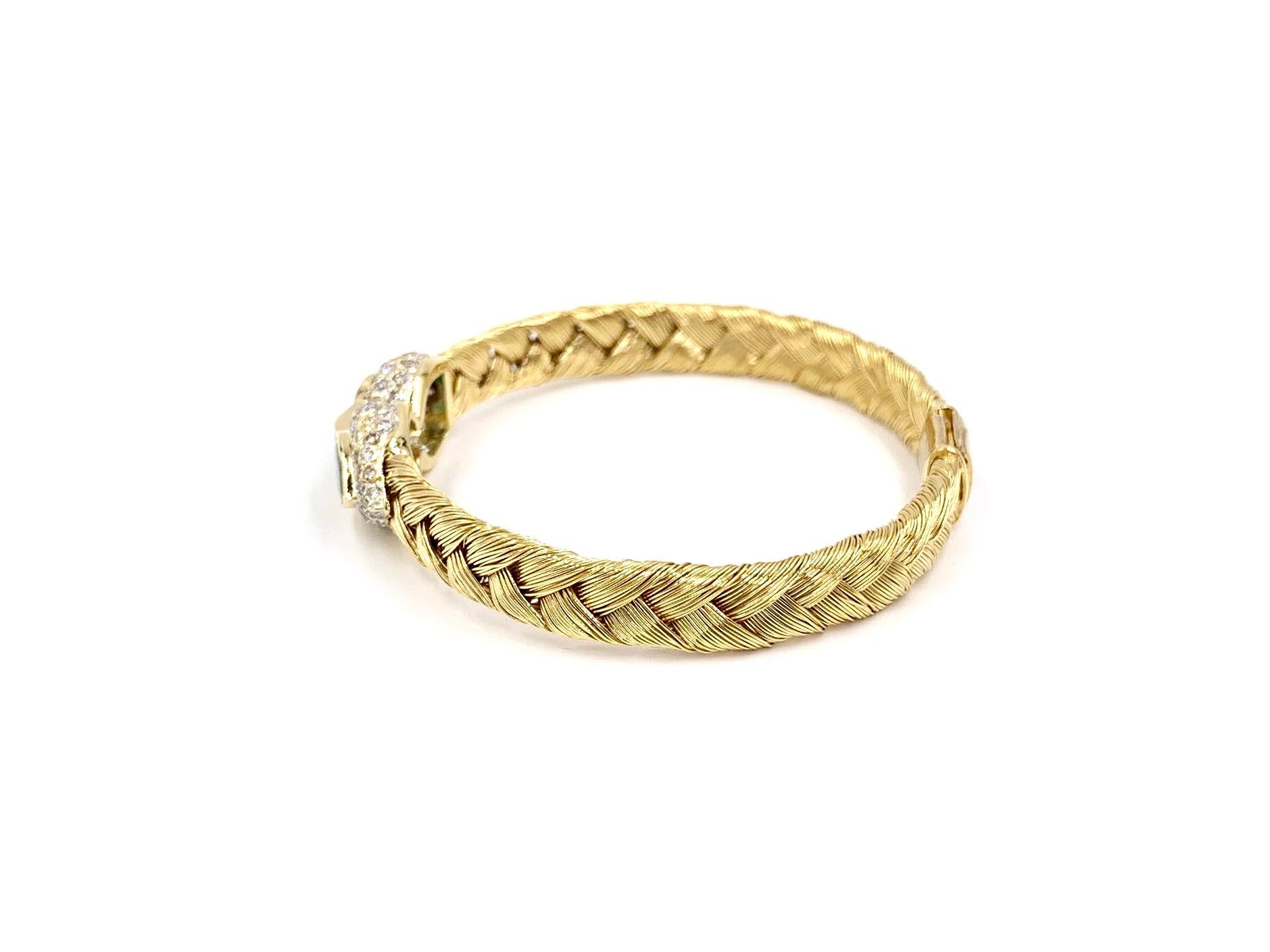 Pear Cut 18 Karat Woven Bangle with Emeralds and Diamonds For Sale